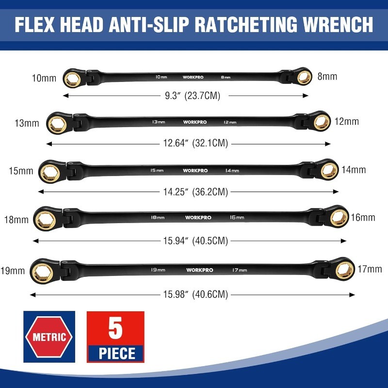 Extra Long Flex-Head Ratcheting Wrench Set, 5-piece Anti-Slip Double Box Wrenche