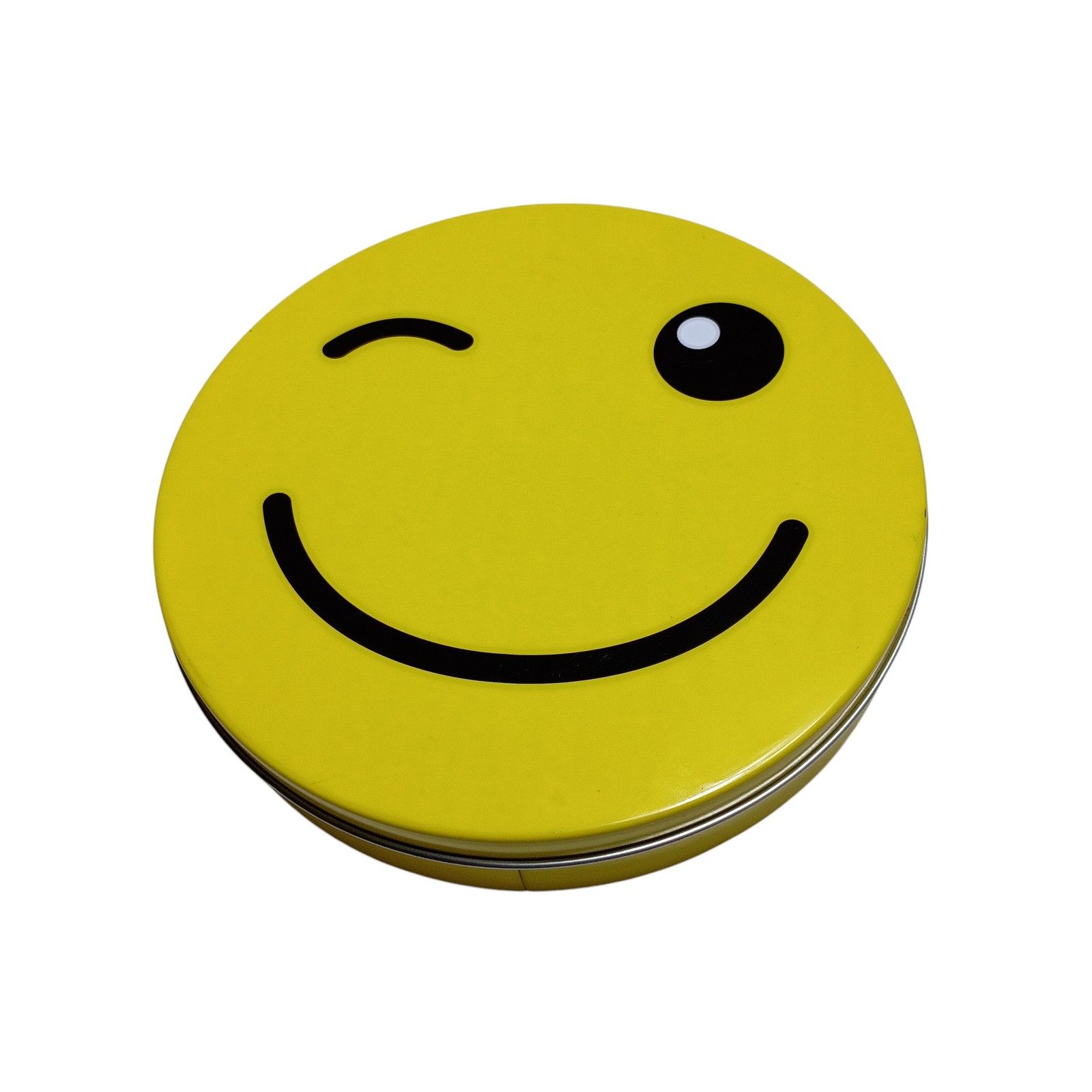 Round Metal Smiley Face Storage Tin Container Model 549027 Yellow