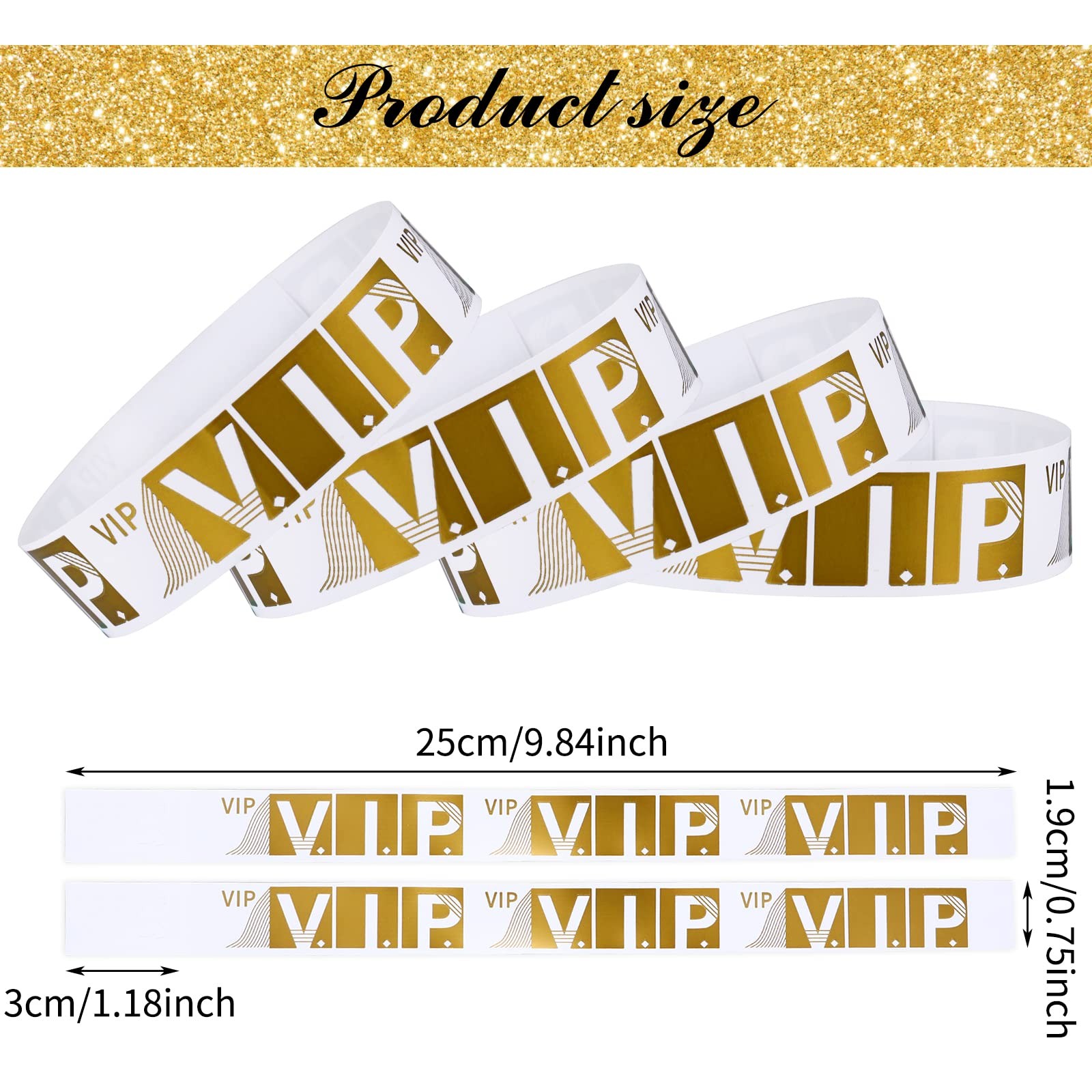 100 Pcs VIP Wristbands for Events Waterproof Paper 9.84 x 0.75 inch, Gold