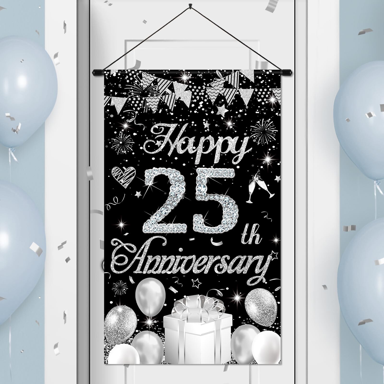 Happy Anniversary Decorations Small Banner Black Silver Happy 25th Anniversar…