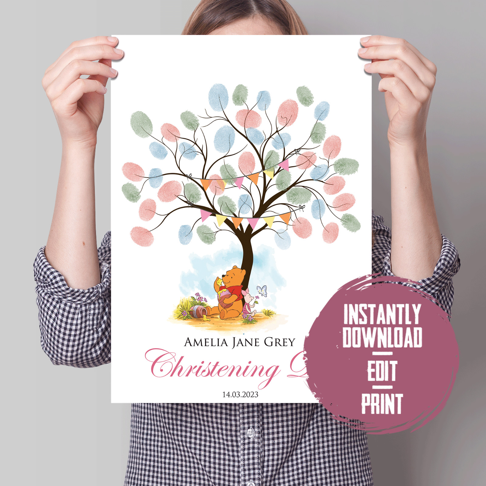 Winnie the Pooh Instant Download Editable Finger Print Tree Nursery Gift Idea