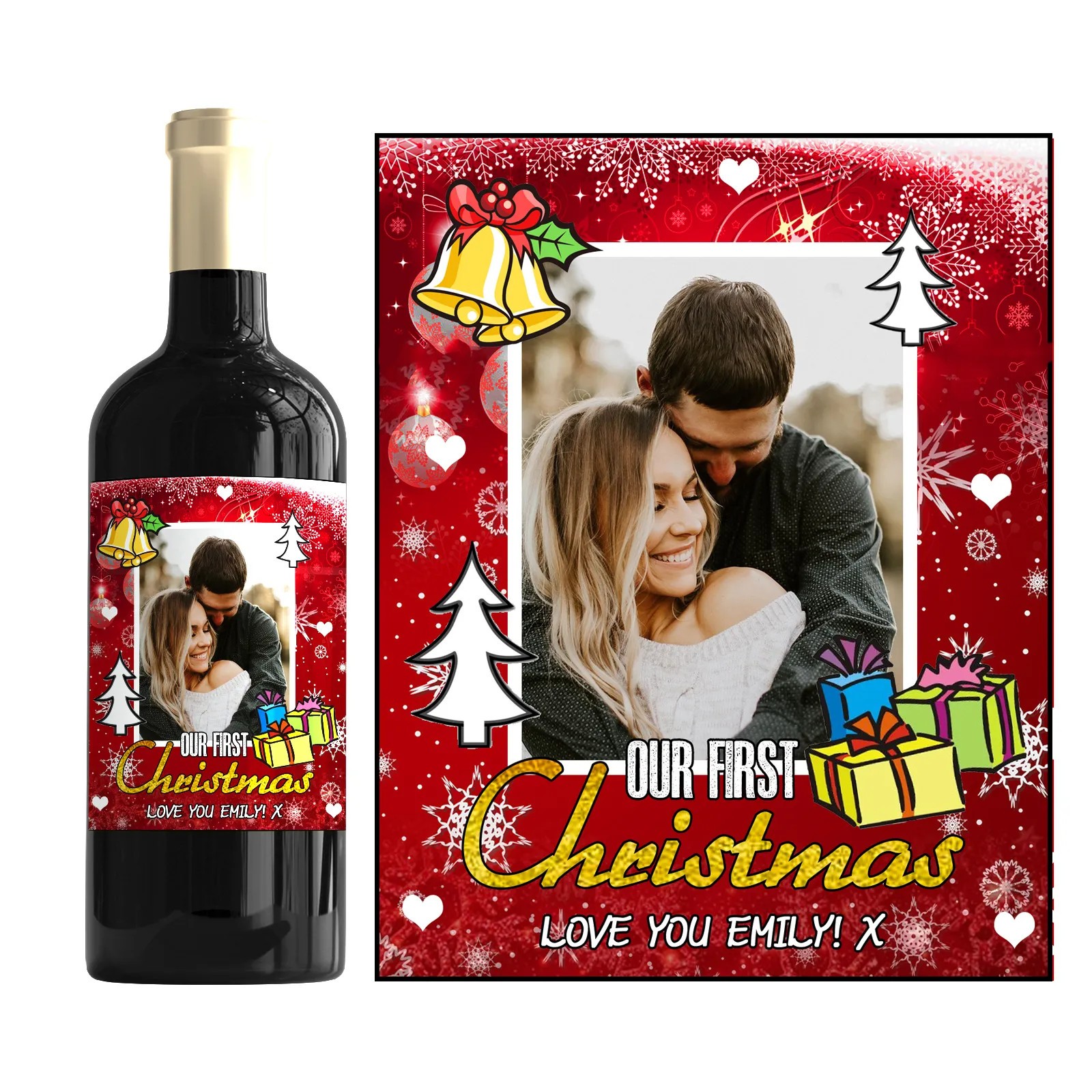 Personalised First Christmas Bottle Label Custom Photo Wine Gift Sticker Couple