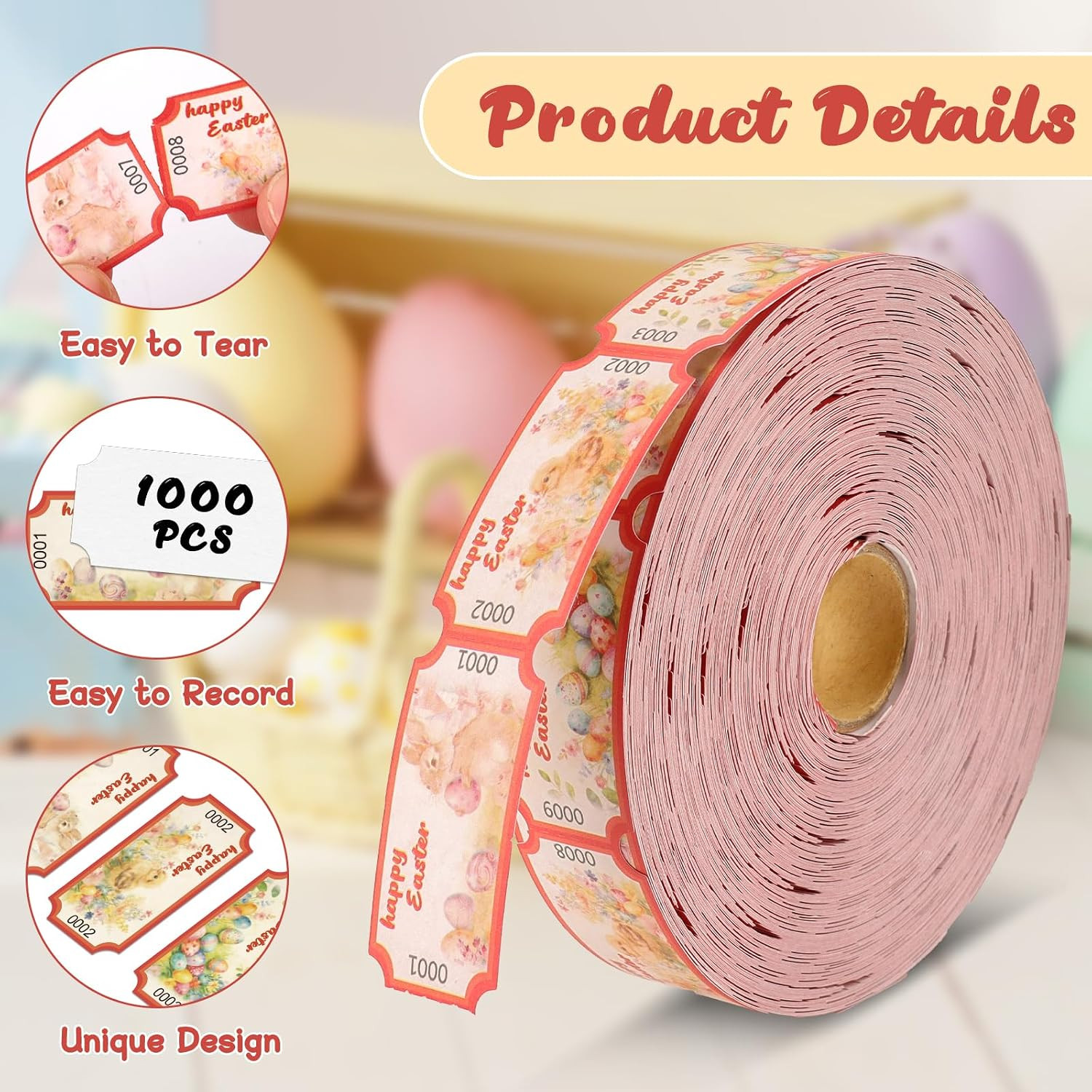 1000 Pcs Numbered Easter Tickets Roll 3 Designs Egg Bunny Raffle Tickets 1”x…