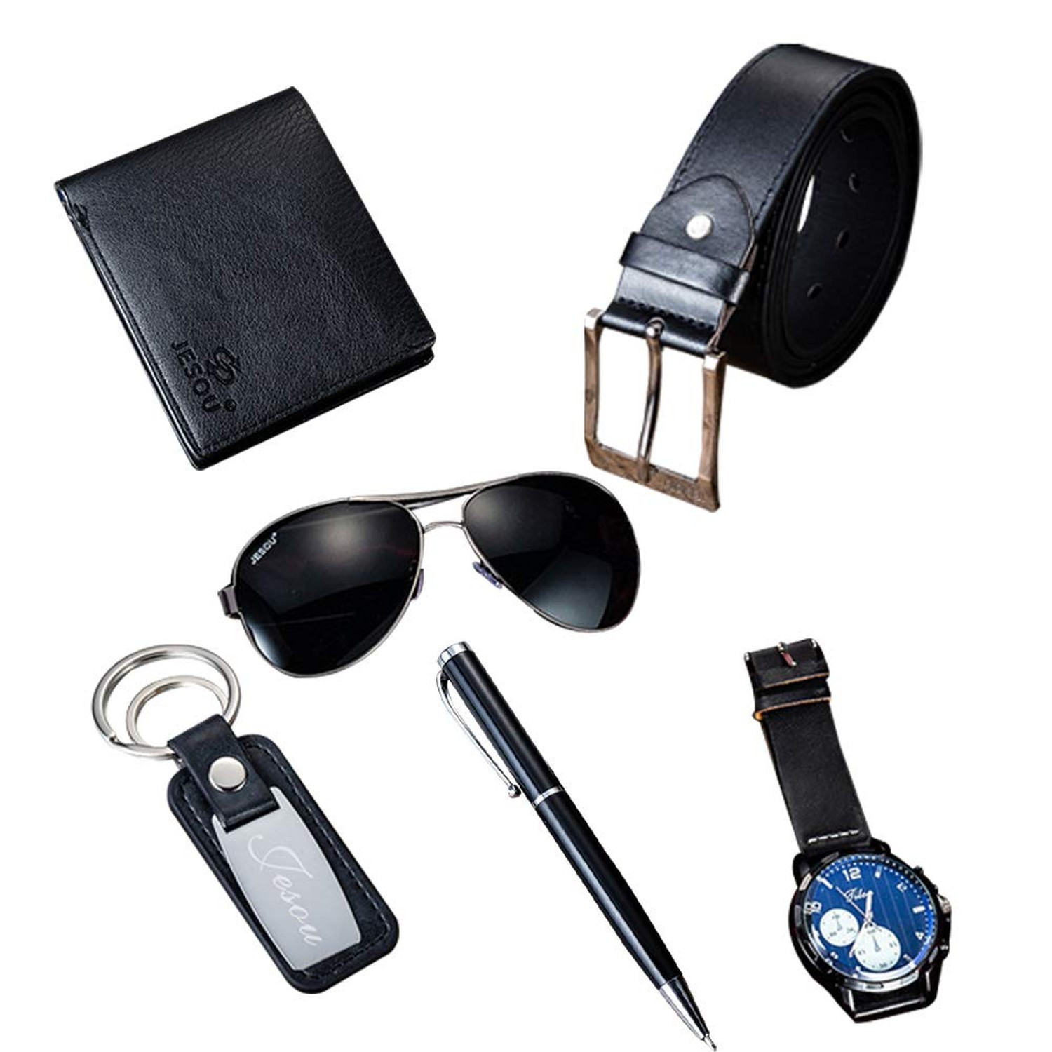 Belt Men Leather Black Set with Wallet Keychain Ballpoint Pen Sunglasses Watc…