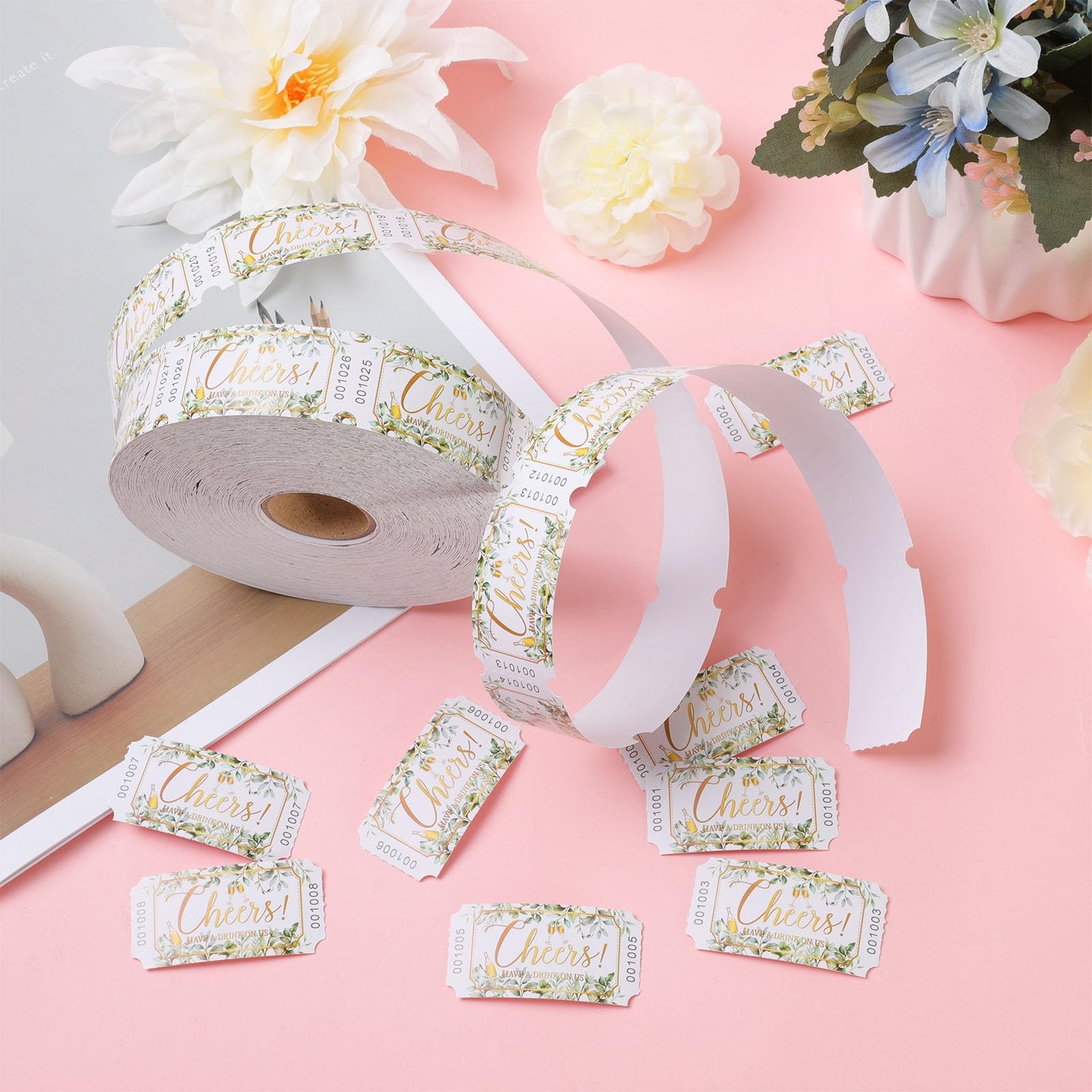 Drink Tickets Single Raffle Roll Greenery Eucalyptus Gold Cheers 1000 Count
