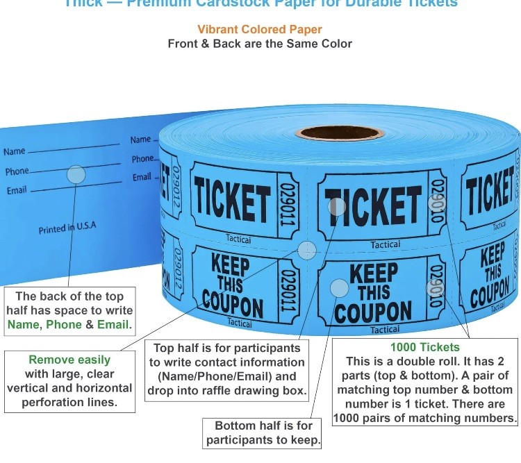 1000 Raffle Tickets, Blue (1 of 8 Colors), Double Roll, Ticket for Events, En…