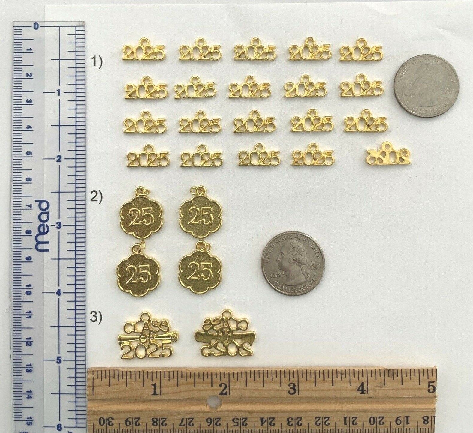 2025 YEAR OR 25 NUMBER CHARMS, GOLD OR SILVER, ANNIVERSARY GRADUATION BIRTHDAY