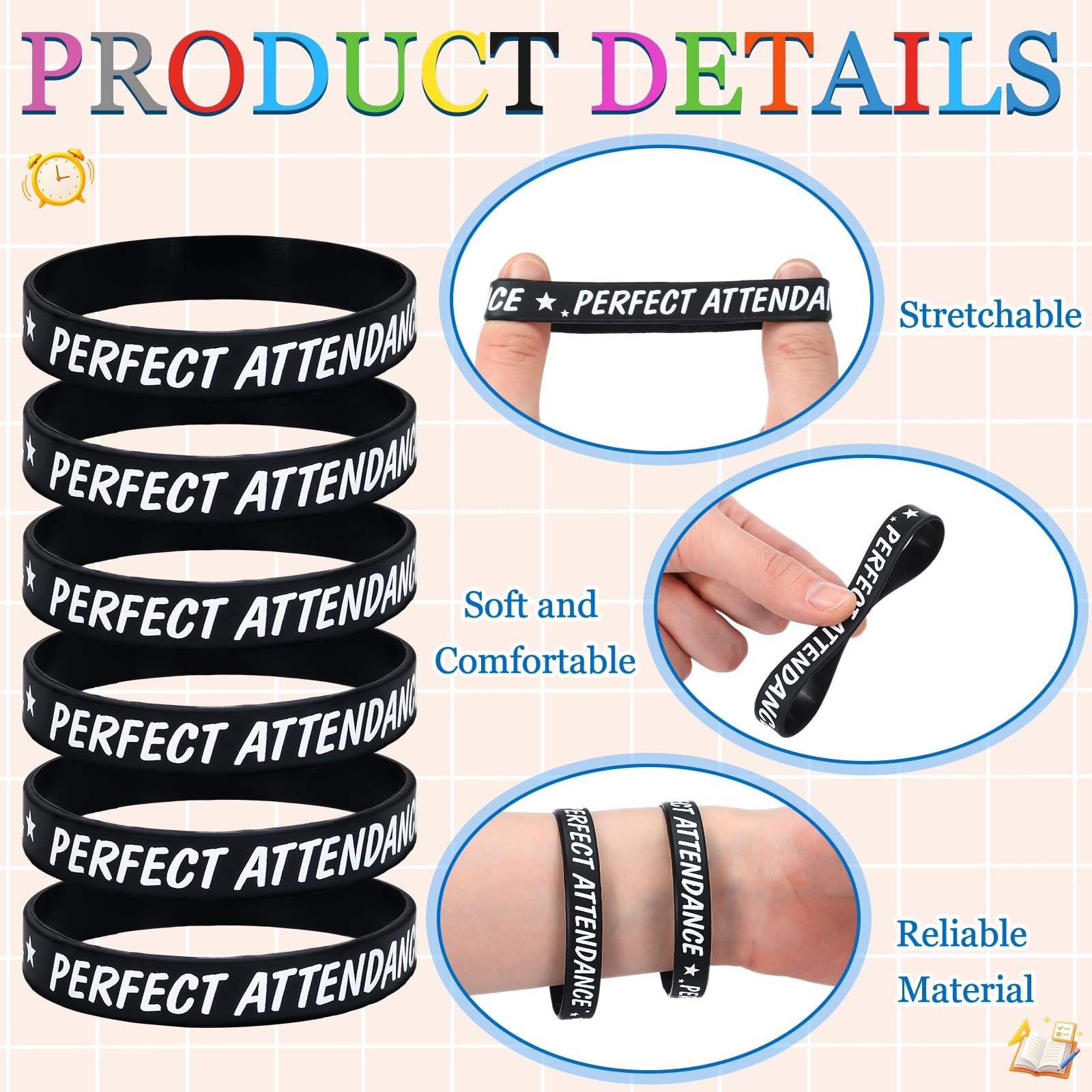 100 PCS Black Perfect Attendance Awards Silicone Wristbands Bulk Student Prize