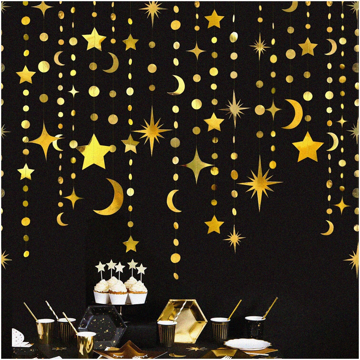 Golden Crescent Moon and Star Garland Set