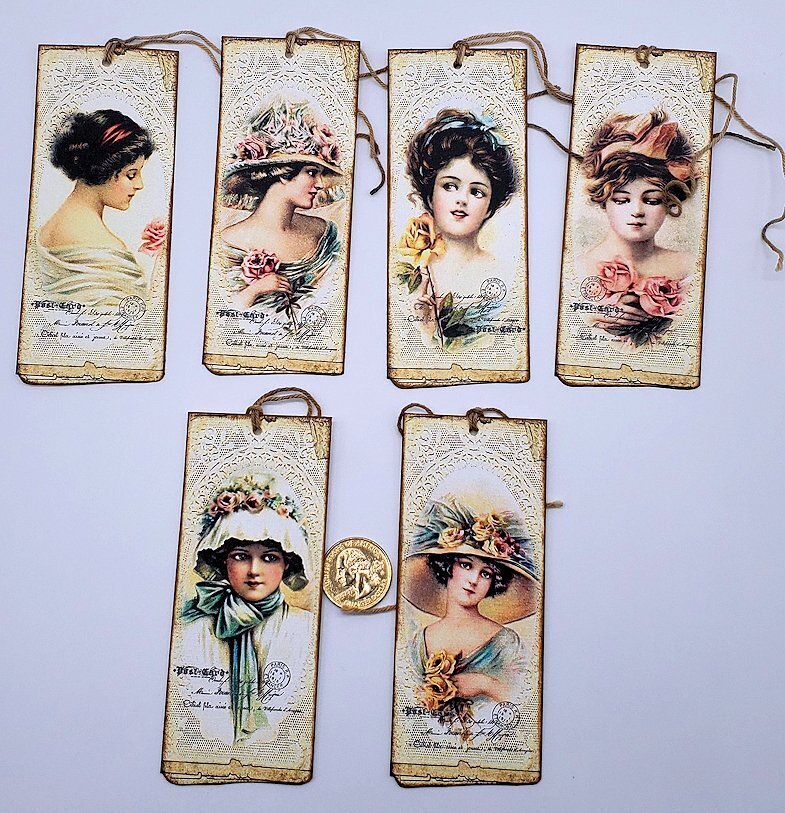 6~Vintage Ladies~Handmade~Linen Cardstock~Bookmarkers~Gift Tags~Crafts~Journals