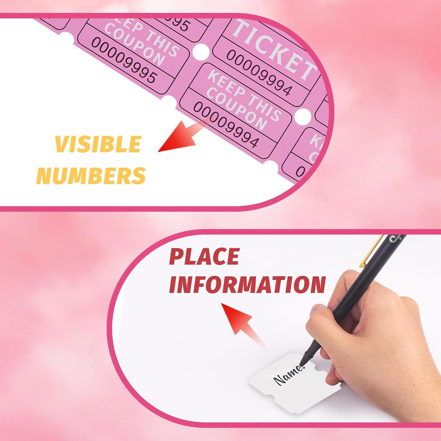 Double Raffle Tickets 100 Pack, Pink Diaper Tickets Sheets 2 x 2 in for Fundr…