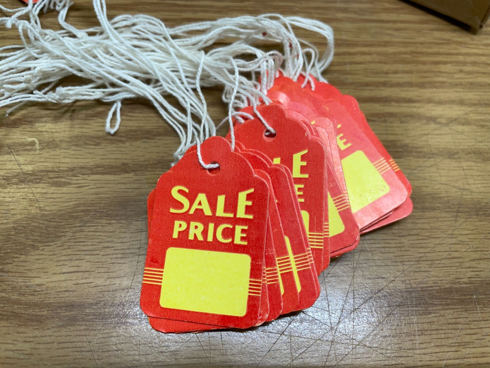 Sale Tag Red & Yellow 1-1/4 x 1-7/8 with strings You Choose Amt. FREE SHIP #1445