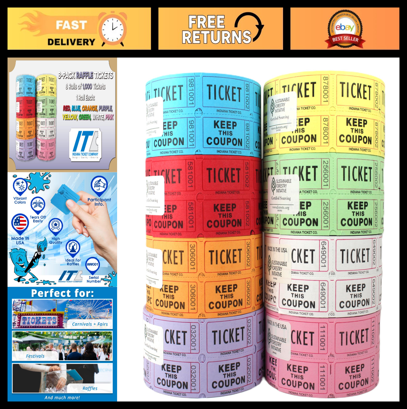 Double Roll Raffle Tickets – 8 Rolls of 1,000 in Assorted Colors for Events, Fun