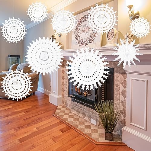 9 Pcs White Paper Snowflake Decorations Frozen Birthday Party Supplies Winter