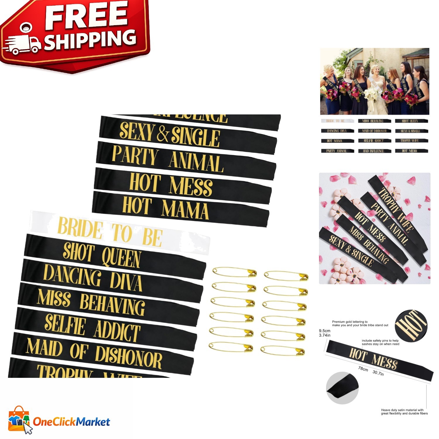 12-Pack Elegant Bride To Be Sashes in Black & Rose Gold for Unforgettable Bac…