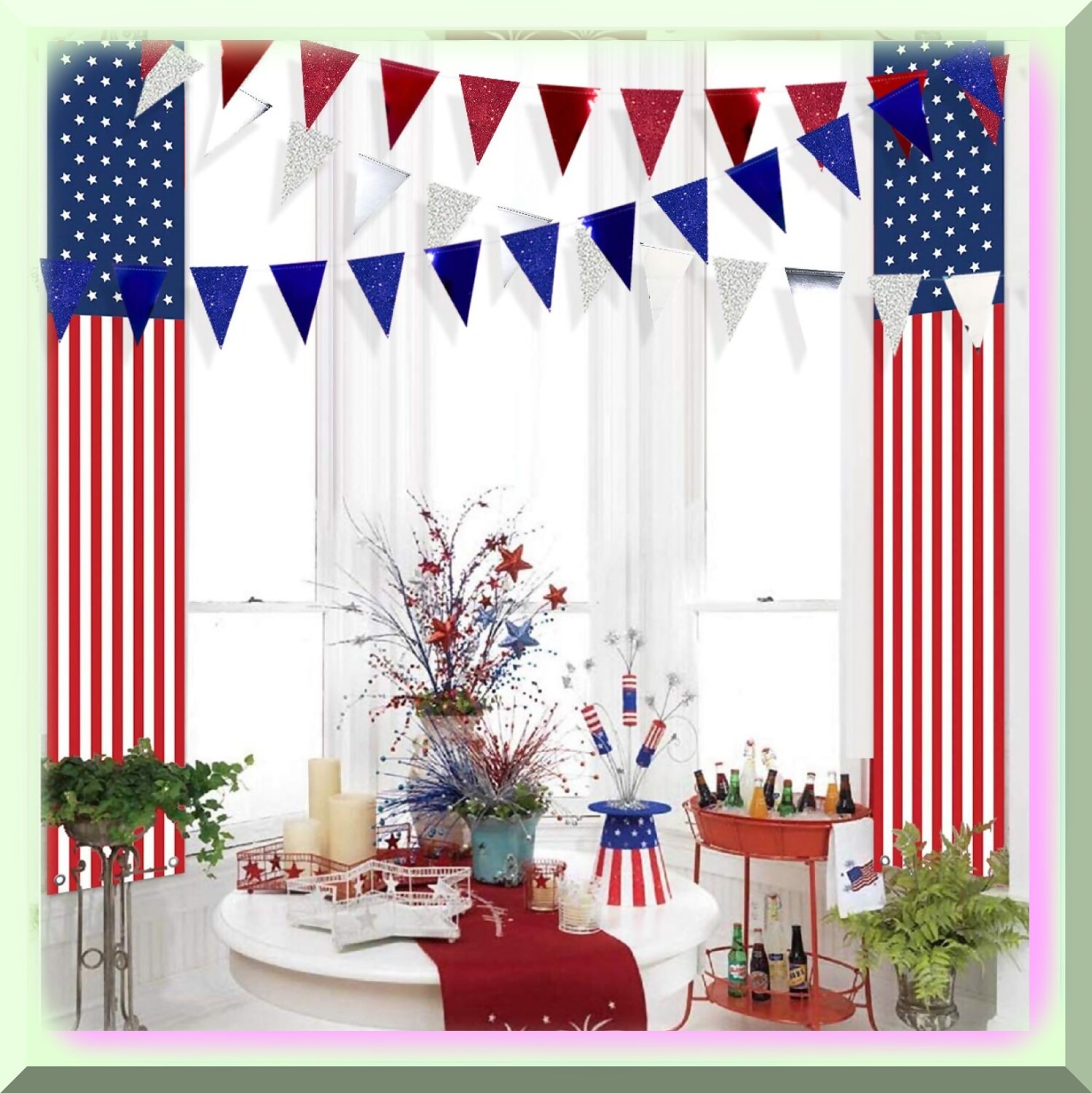 30ft Tri-Color Patriotic Pennant Banner with Glitter Flags