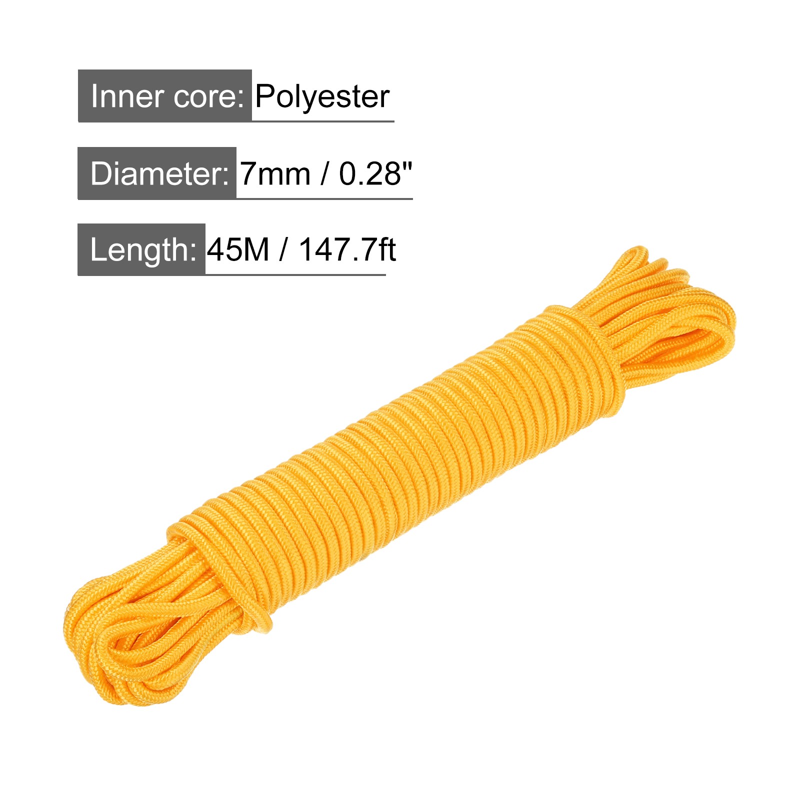45M/147.7ft 7mm Yellow General Purpose Braided Polypropylene Rope