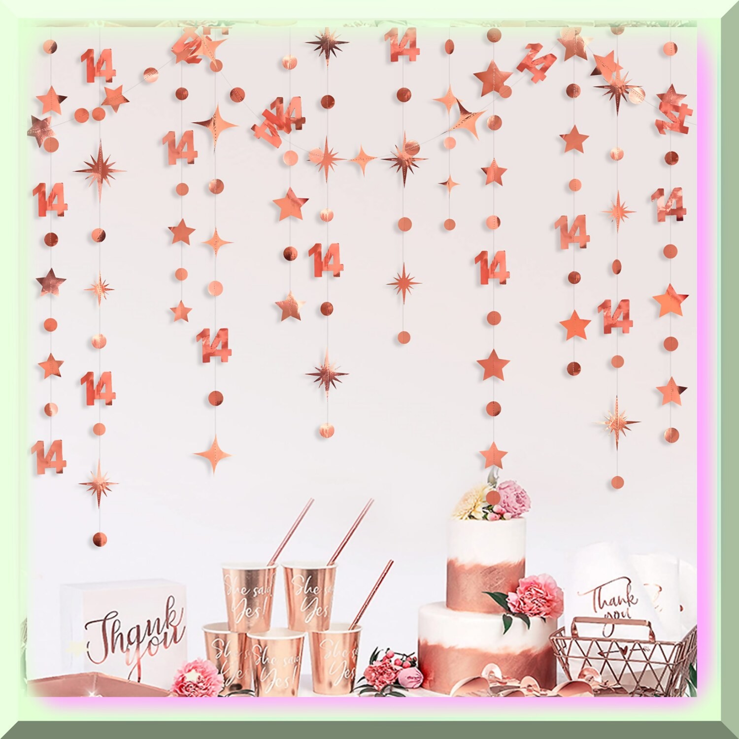 Rose Gold 14th Birthday Decor Kit with Glitter Numbers