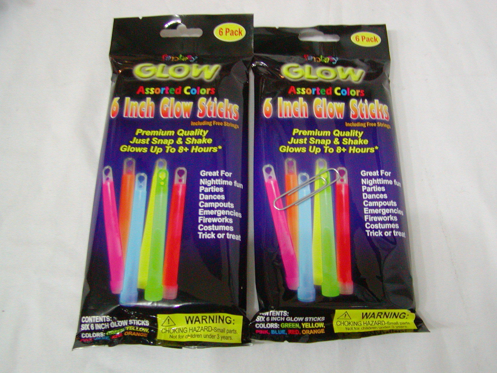 Two (2) Packages of 6 Glow Sticks 6″ Green Red Yellow Pink Blue Orange