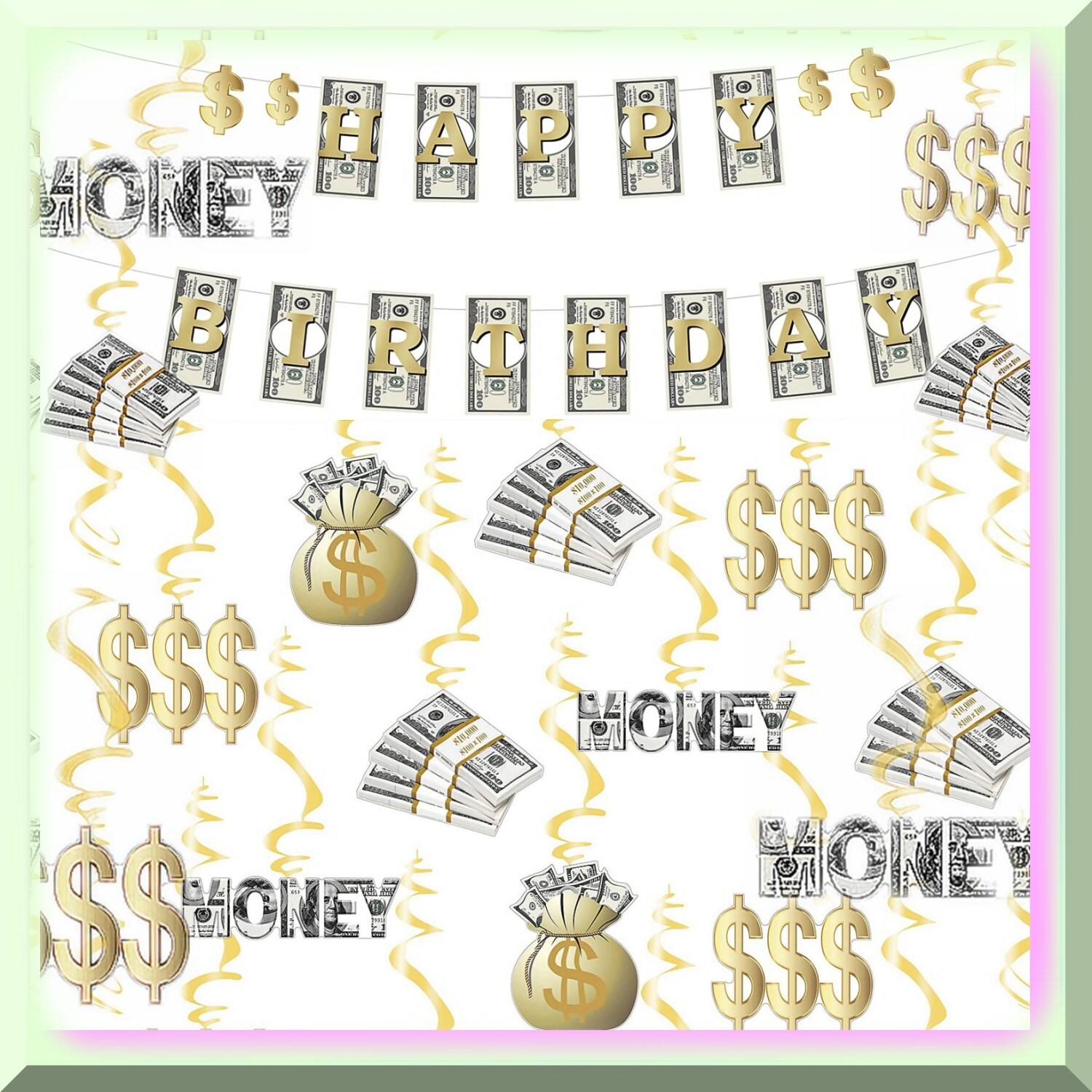 Money Celebration Set with Dollar Sign Banner and Swirls