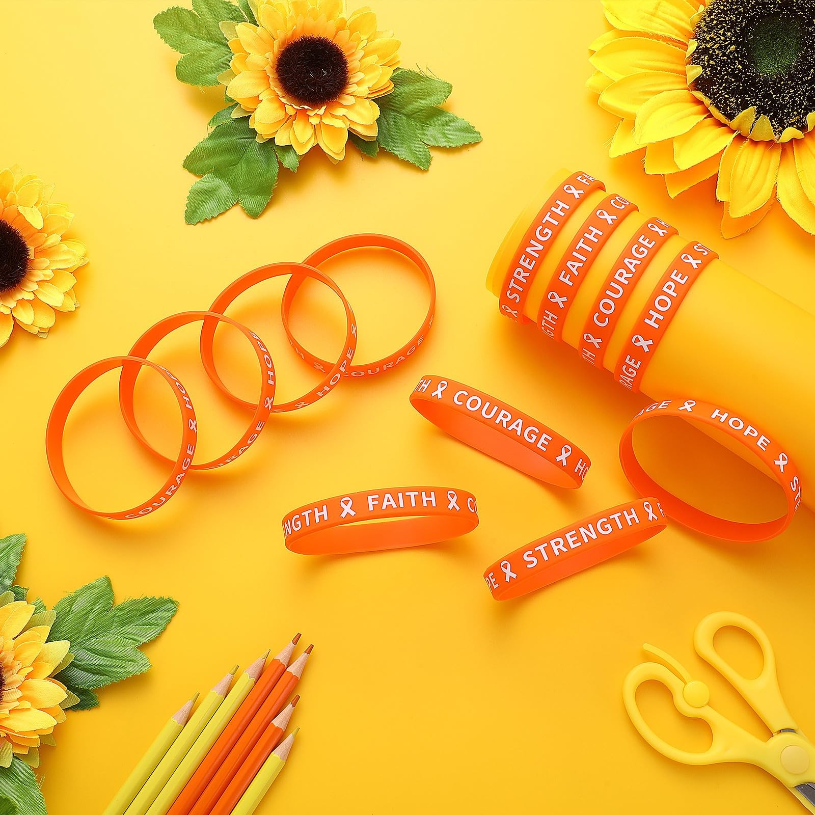 100 Pcs Orange Ribbon Awareness Silicone Bracelets for Leukemia Kidney Cancer