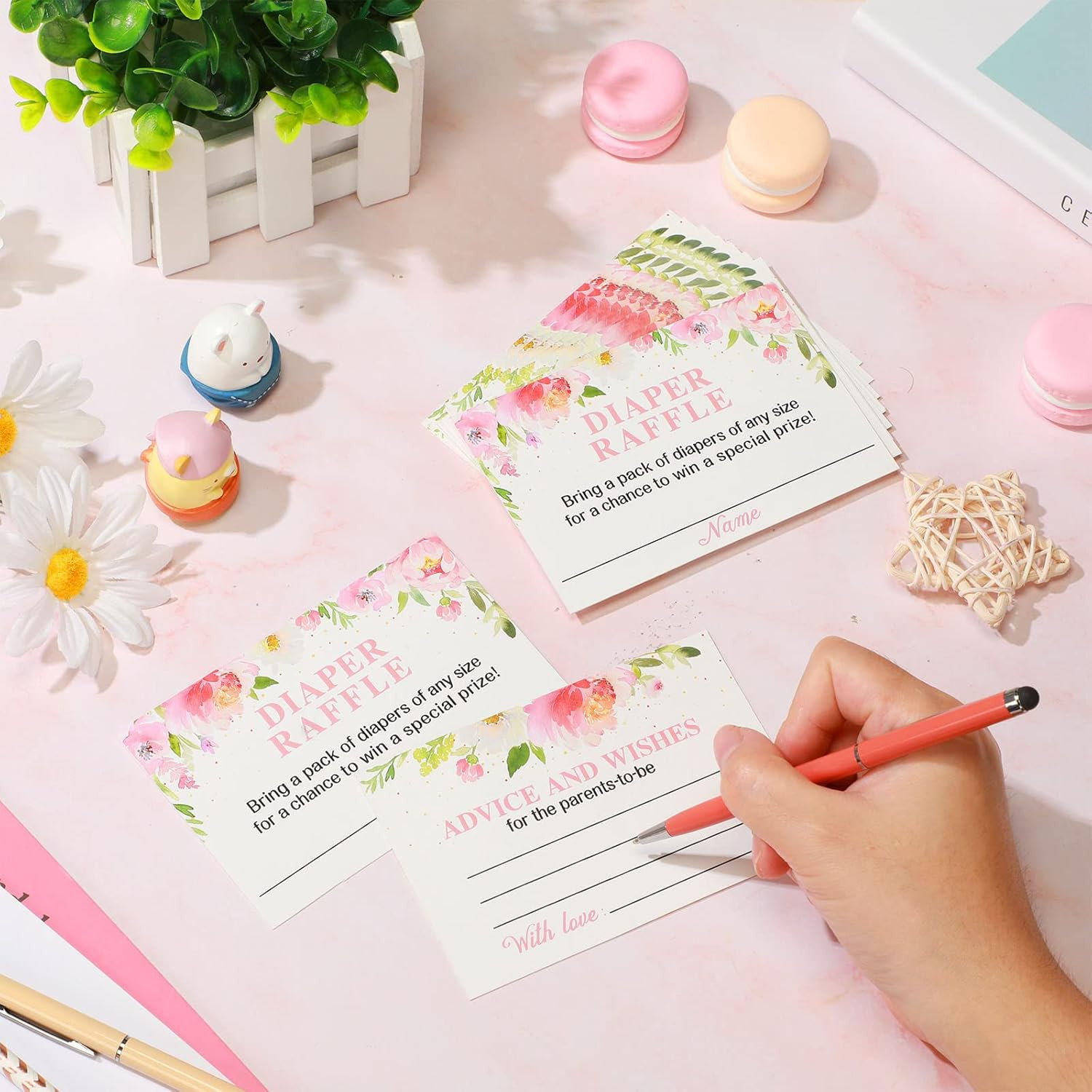 50 Pcs Floral Diaper Raffle Tickets with Diaper Raffle Card Box for Baby Shower