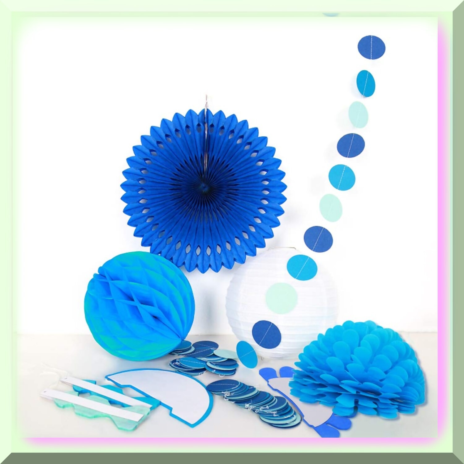 Blue and White Paper Fan Flowers Tissue Pom-Poms Garlands