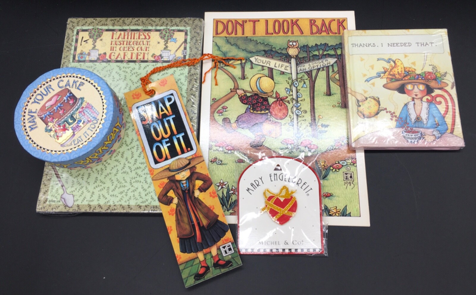 Mary Engelbreit lot 6 items lapel pin mini book notepad greeting card small box