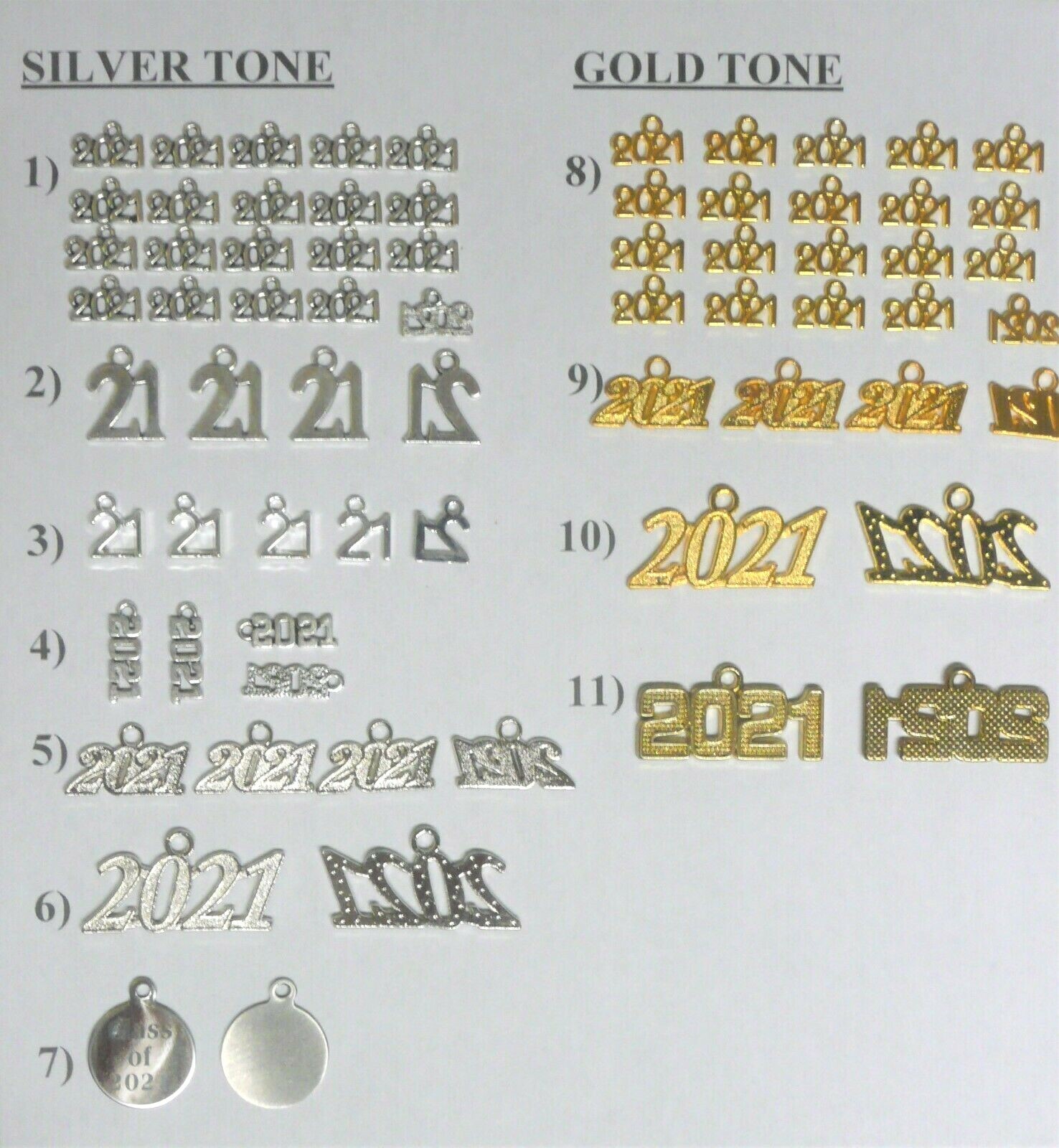CLASS OF 2021 CHARMS GRADUATION NUMBER YEAR TASSEL 12 STYLES / GOLD/SILVER TONE