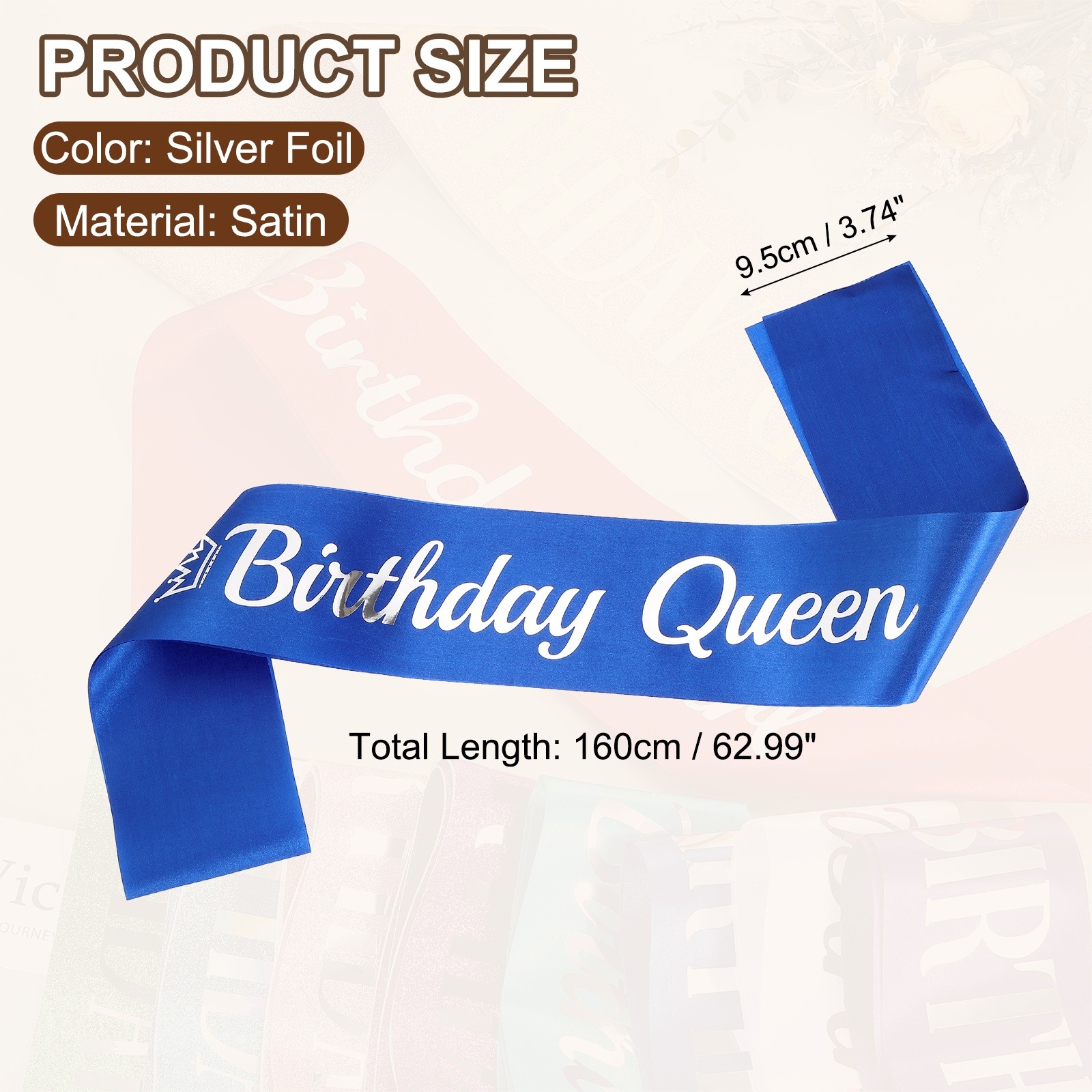 Blue Birthday Queen Sash with Pin Silver Foil Lettering for Party