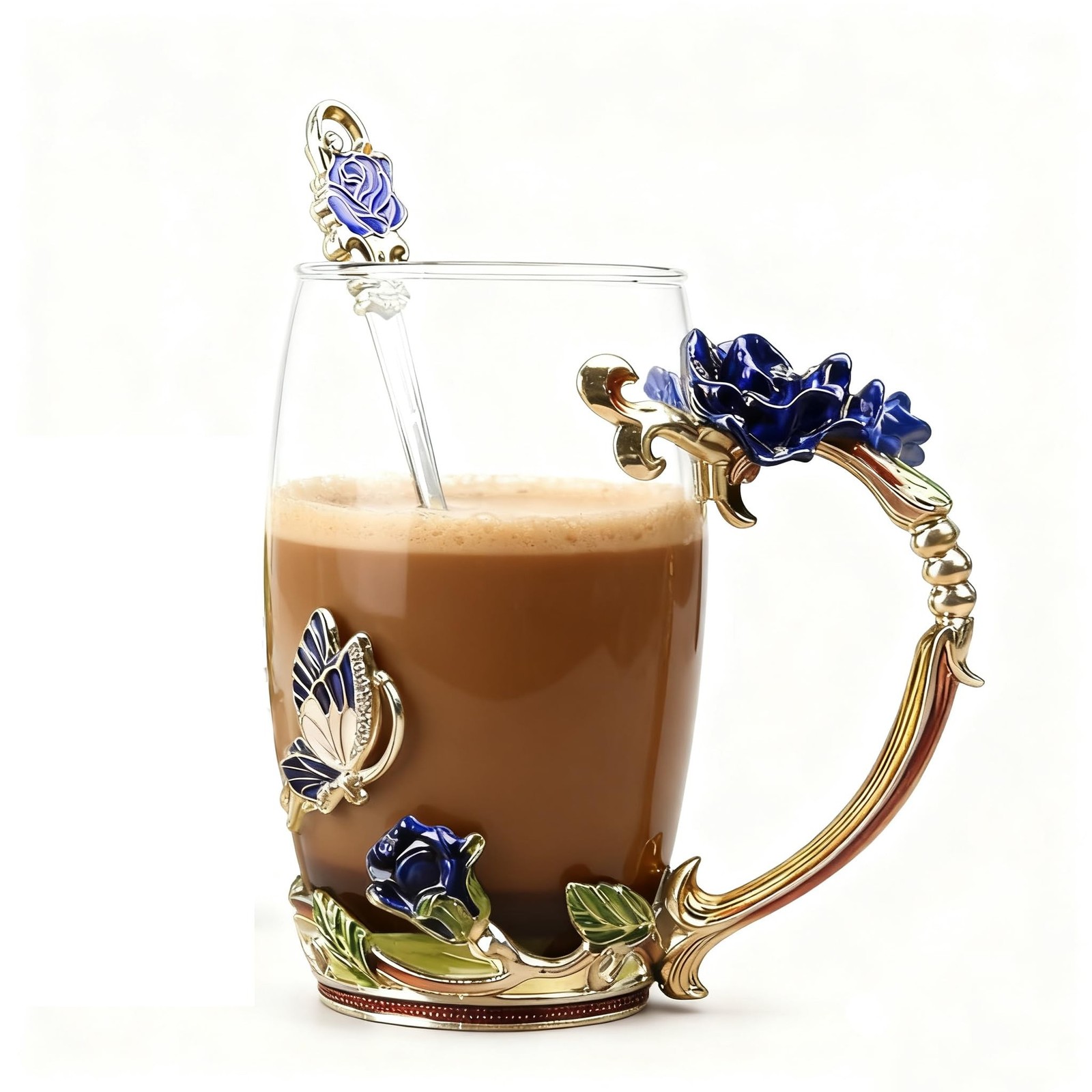 Gifts for Mom Women Unique Blue Tea Mug With Spoon Set & Flower Decoration – …