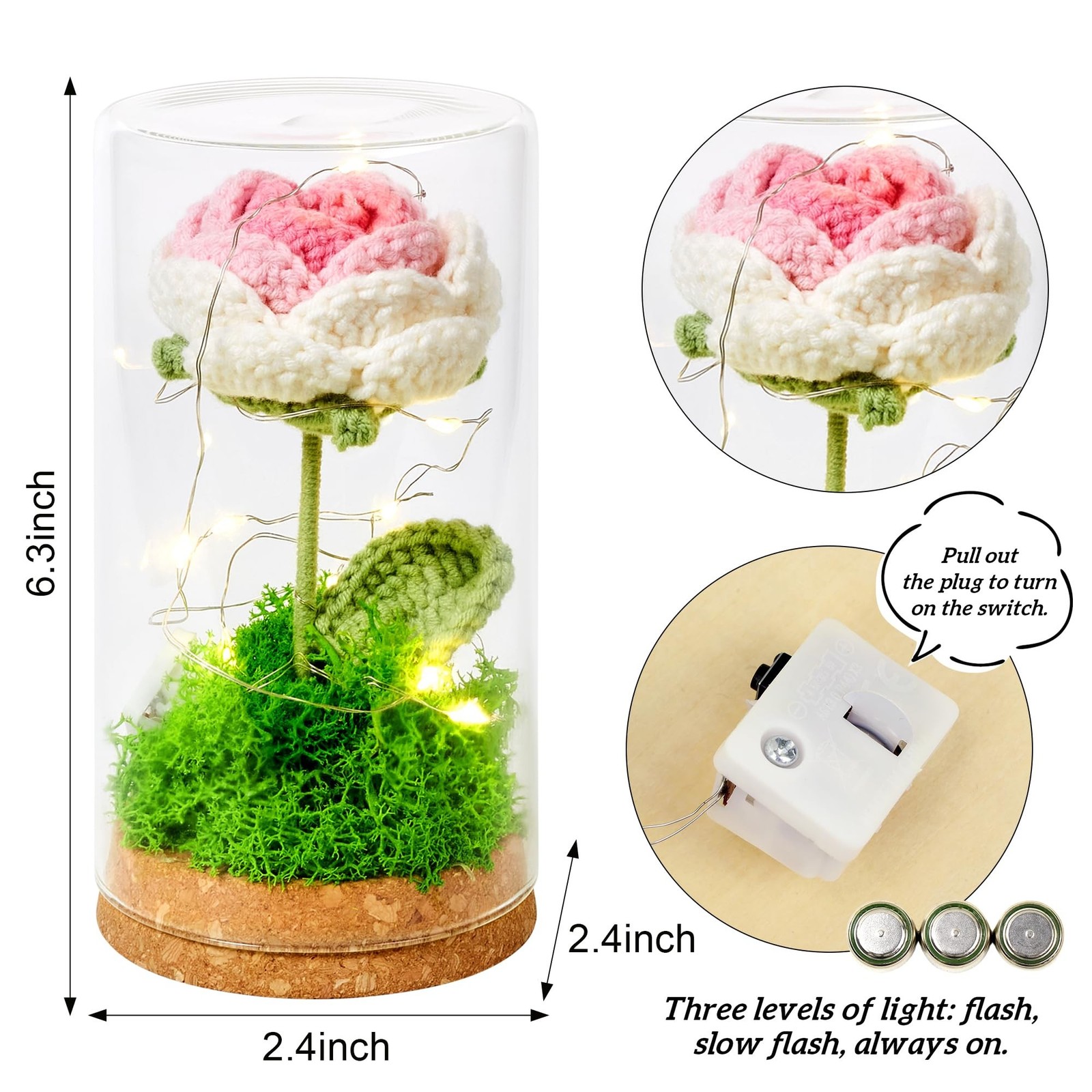 Eternal Flower Crochet Gifts Rose in Glass Dome with Light Up, Knitted Flower…
