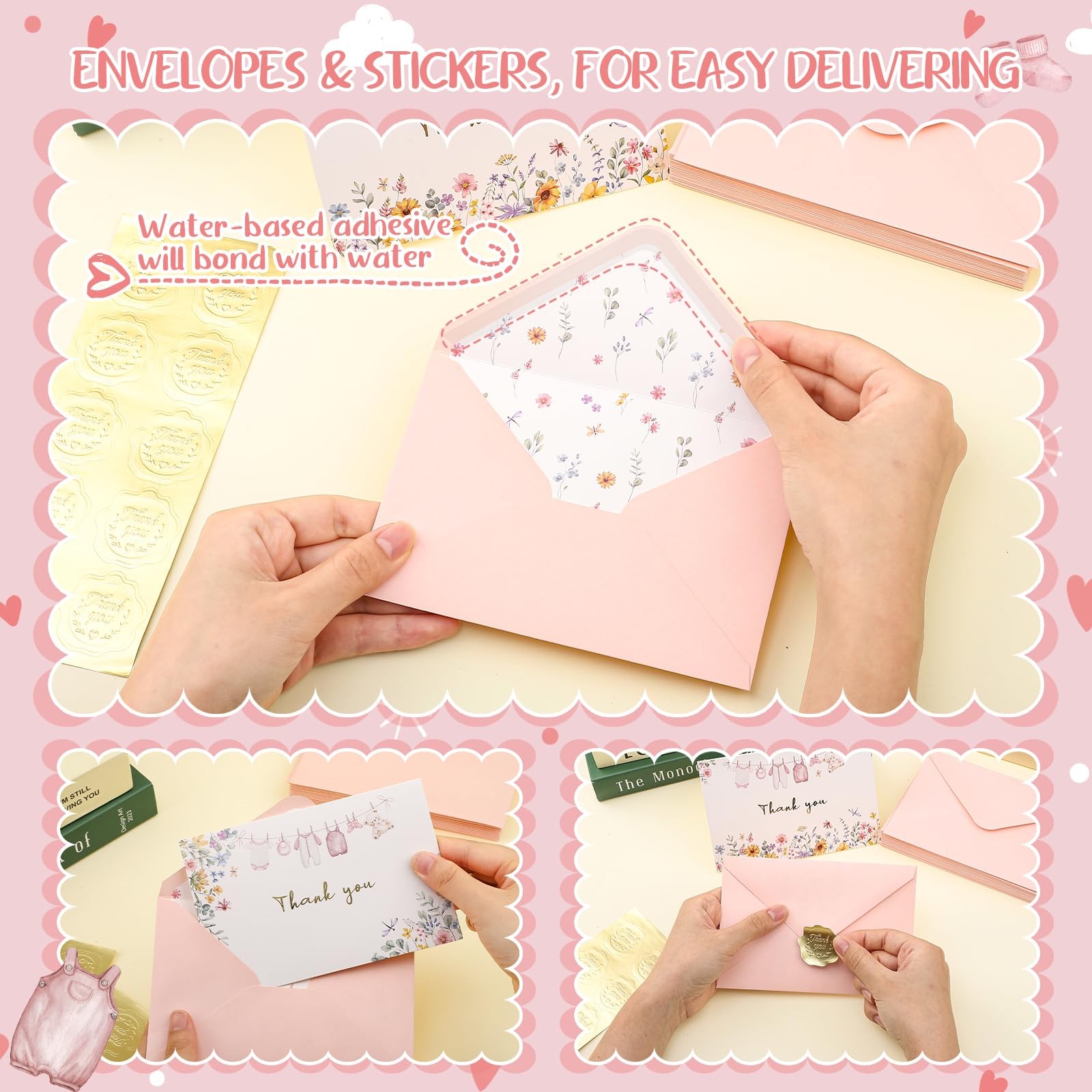Thboxes 50 Pack Pink Baby Shower Thank You Cards with 6 x 4 inches,
