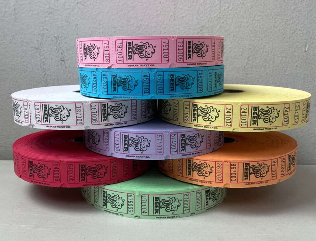 Beer Single Stub Raffle Tickets 8 Rolls 1 of Each Colors 2000 Tickets Per Roll