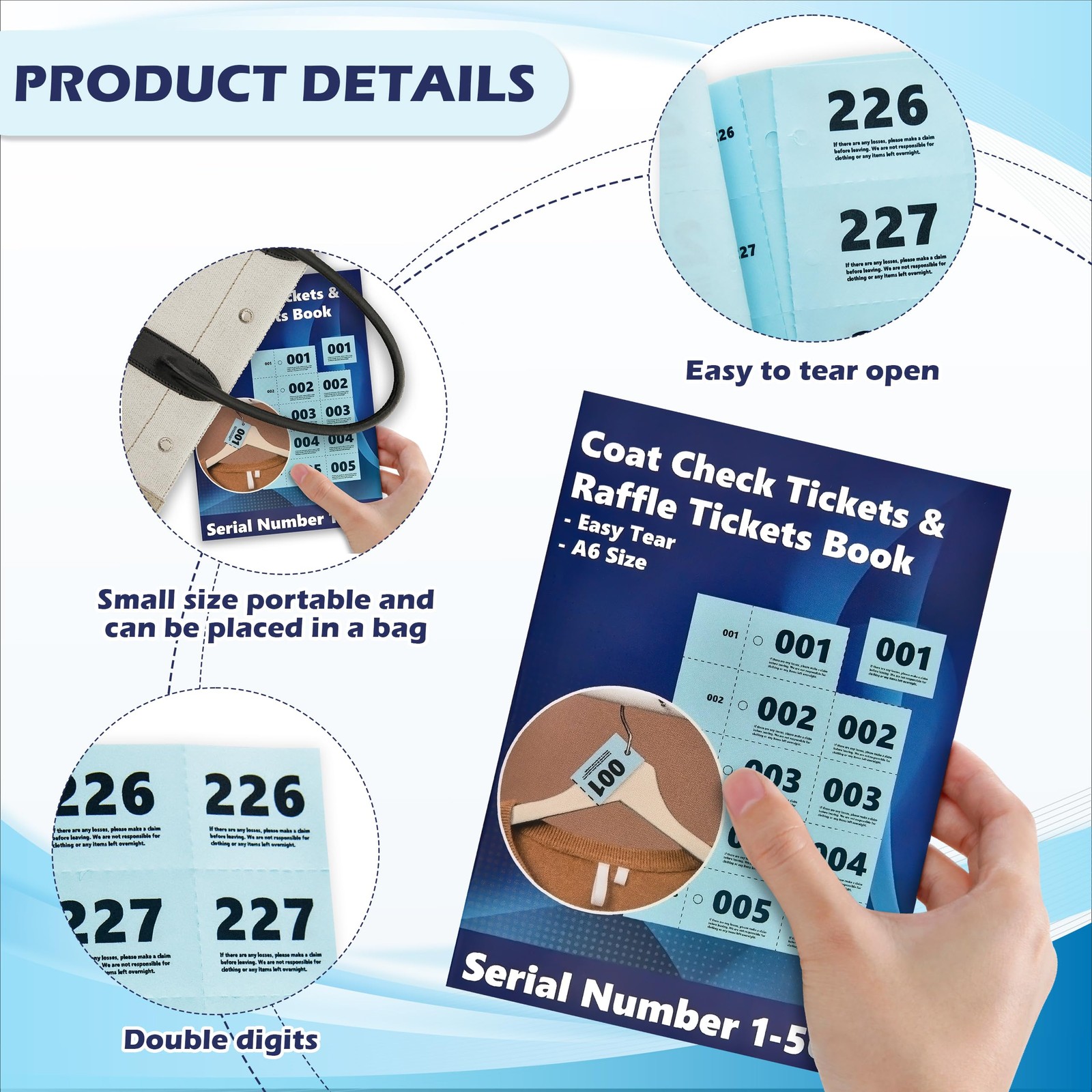 Coat Check Tickets 2 Part Book Bulk A6 Paper Coat Room Tags Blue 500 PCS