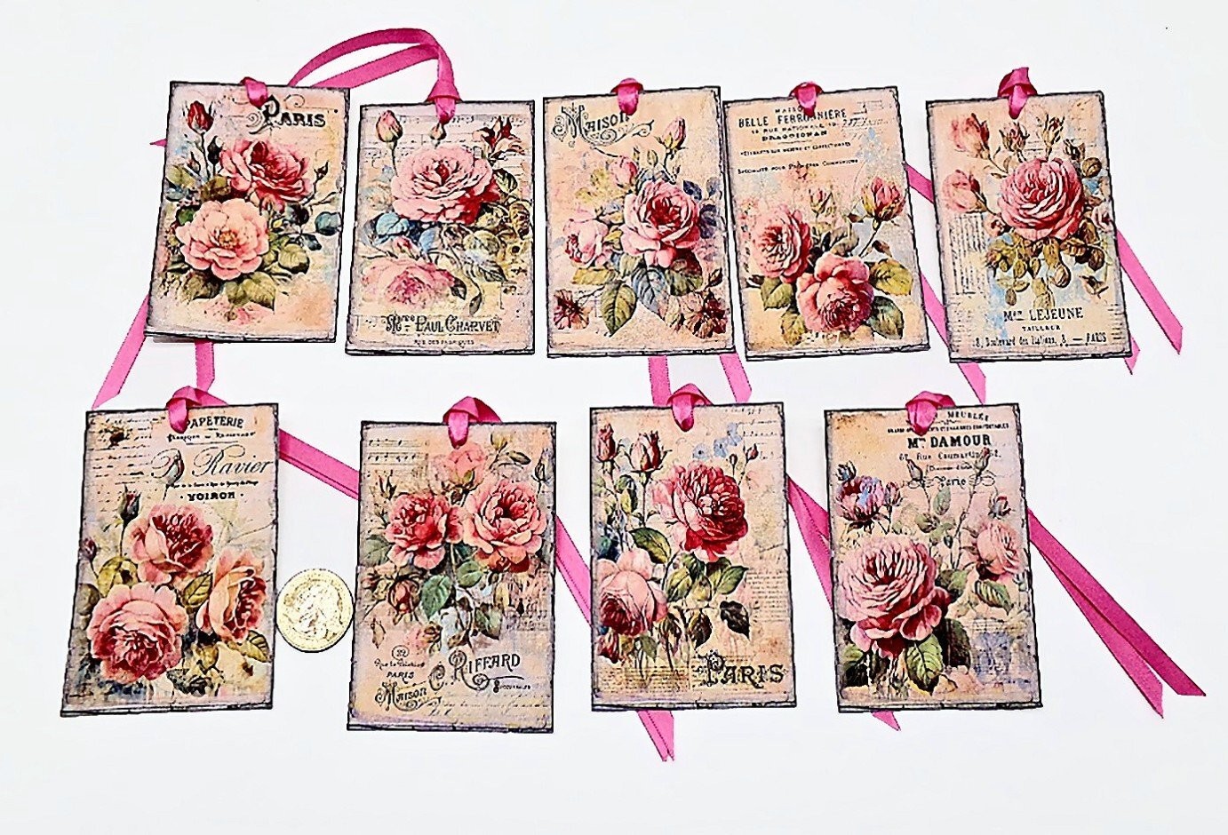 9-Vintage-Distressed Roses-Paris-Flowers-Junk Journal-Linen Cardstock-Gift-Tags