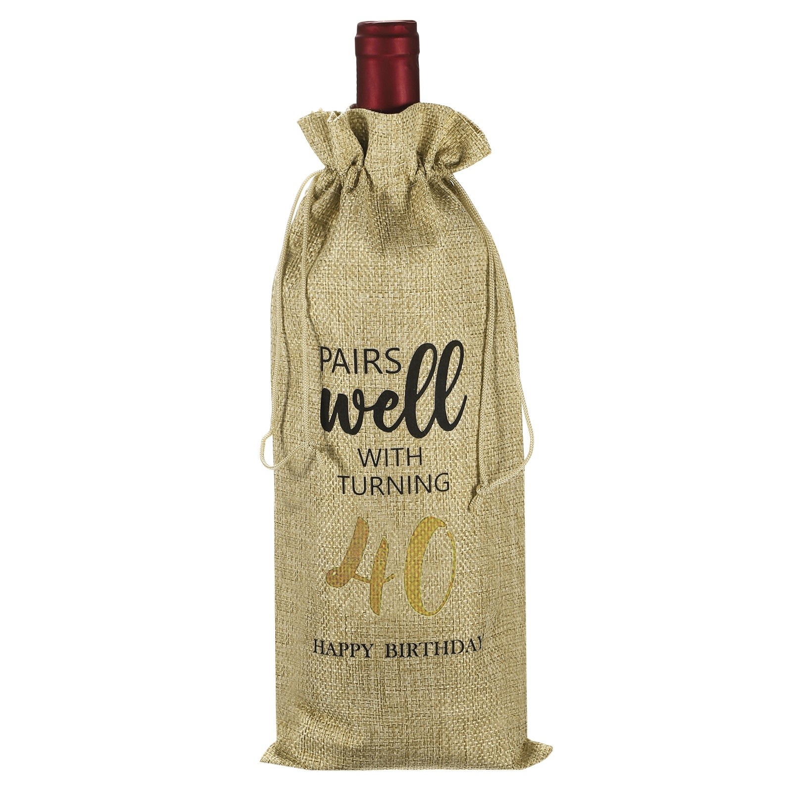 6 x 14 Inch 40th Birthday Gift Wine Bottle Bag with Drawstring, Beige