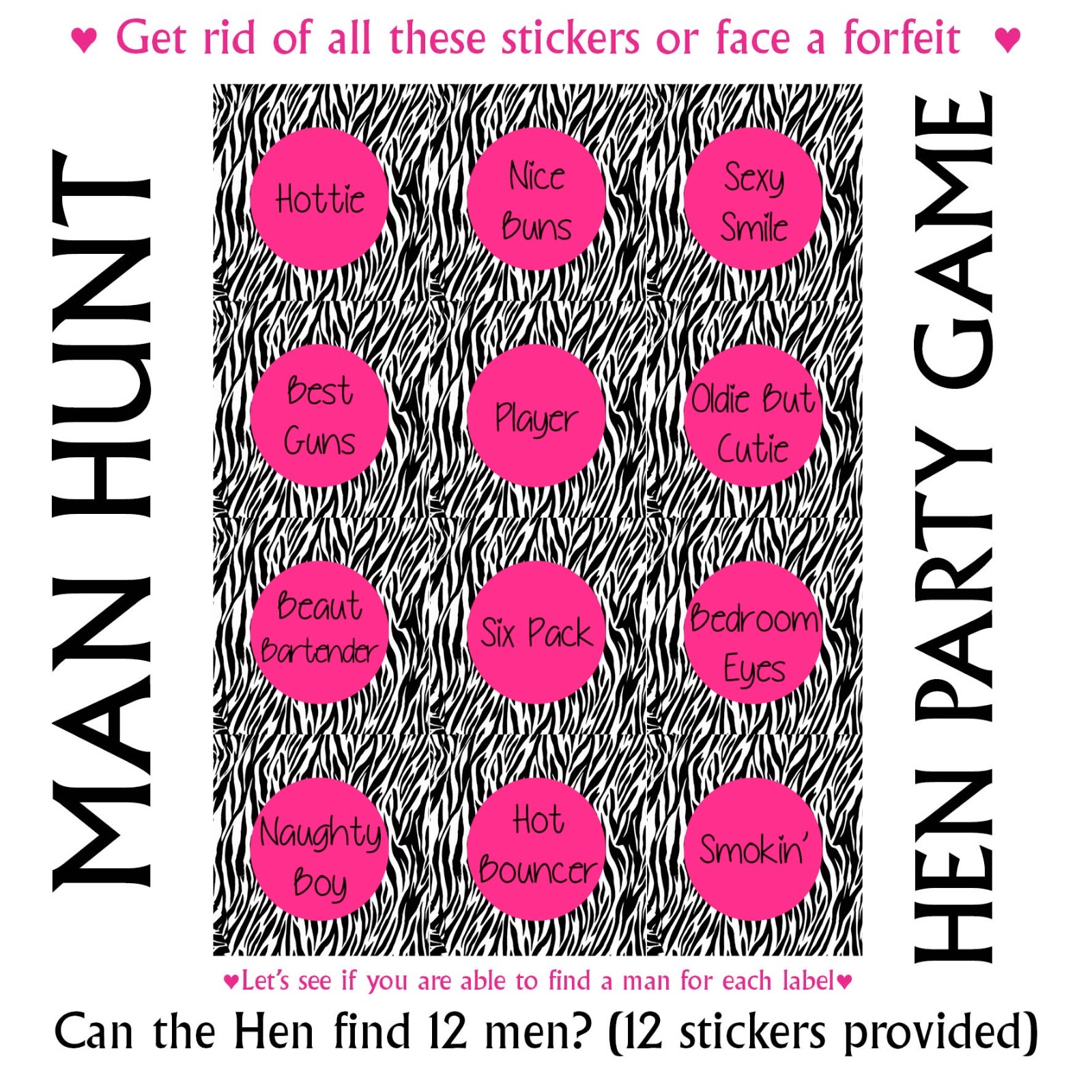 12x Large Man Hunt Stickers Hen Night Party Games Bachelorette Bride Fun 089