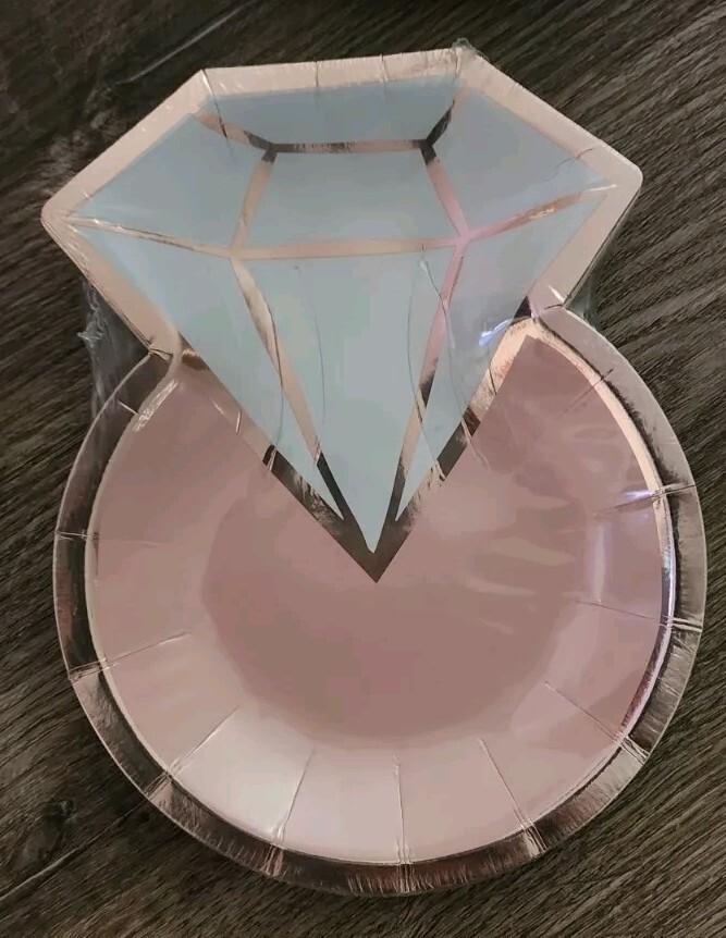 New Bling Engagement Ring Shaped Pink & Gold Plates with Corrdinating Napkins