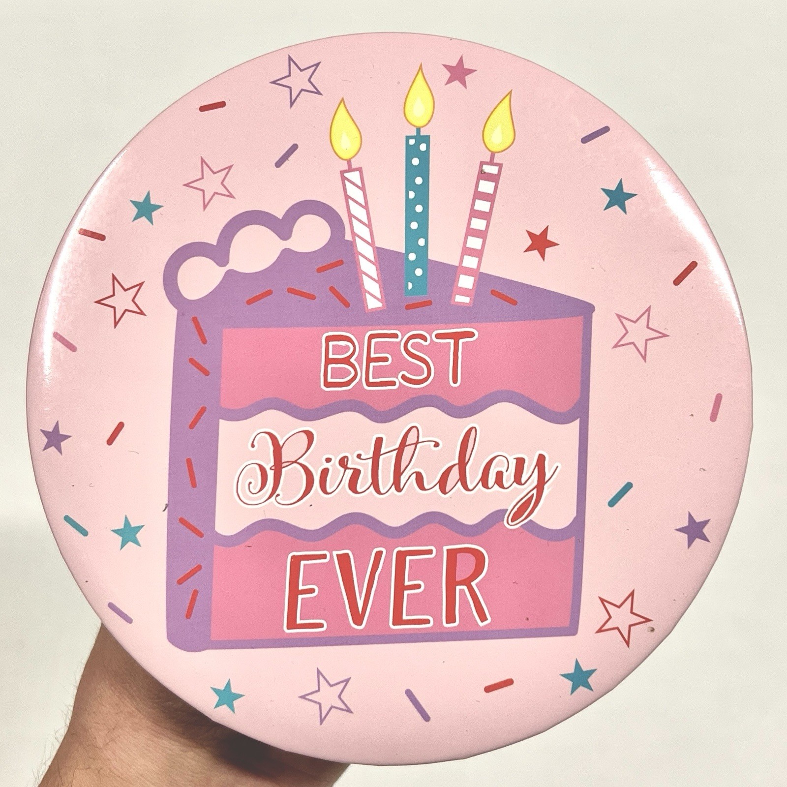 BEST BIRTHDAY EVER Large Button 5.5” Pink Cake Graphic With Candles Oversized