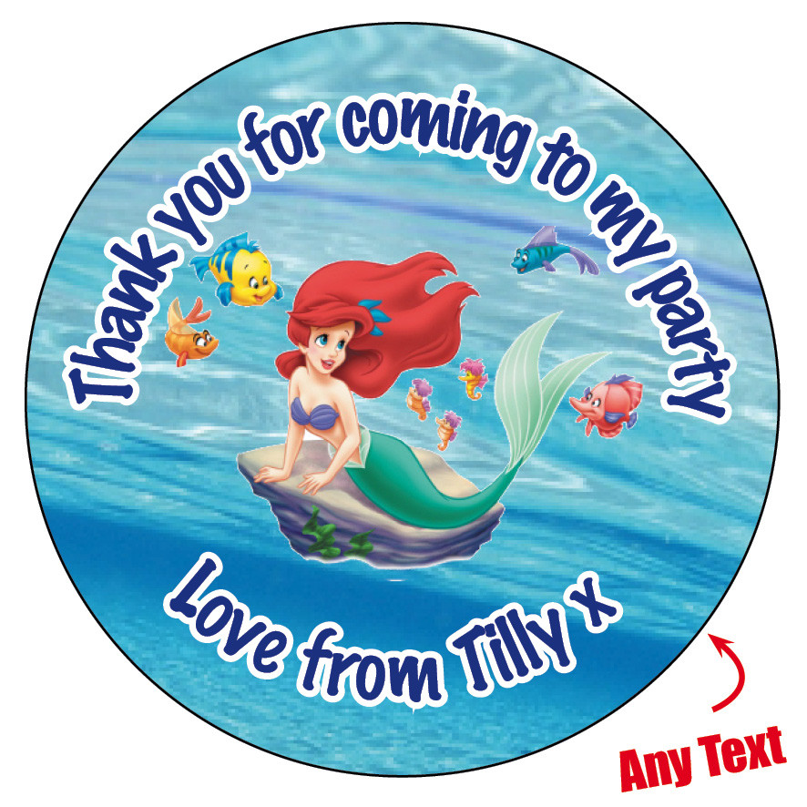 12 LARGE Personalised ARIEL inspired birthday Labels Stickers Party bag 63mm 334