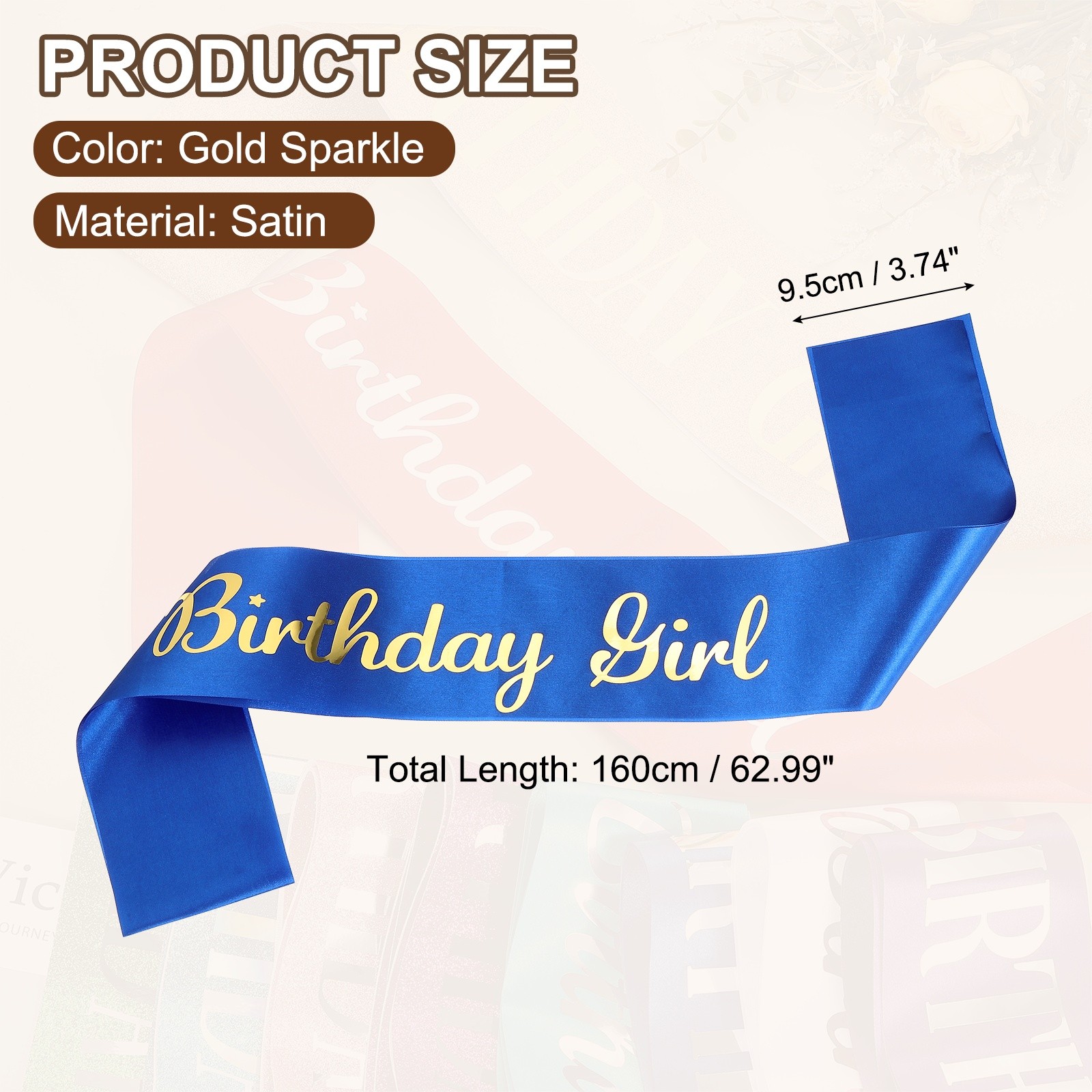 Birthday Girls Sash with Pin Gold Sparkle Lettering for Birthday Party, Blue