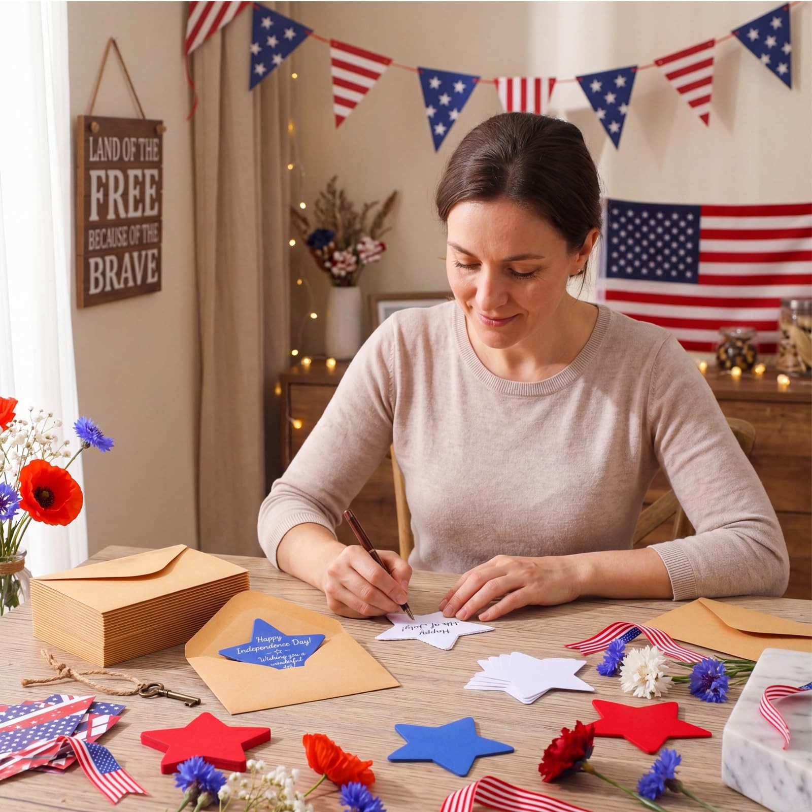 100 Sets 4th of July Star Cards Bulk with Mini Kraft Envelopes, Patriotic Star S
