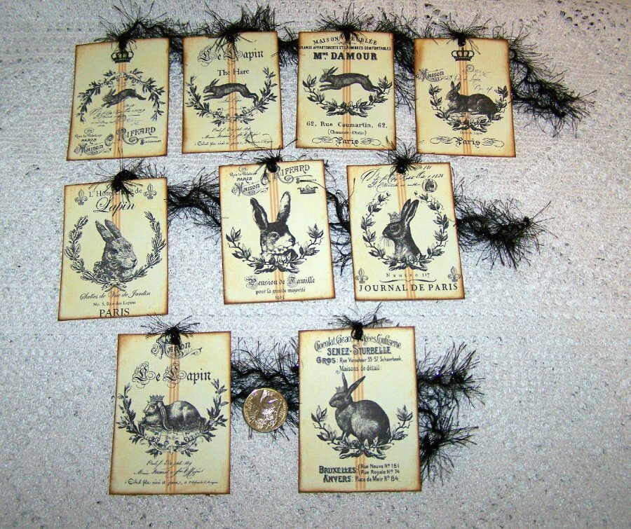 9~Easter~Vintage~Hare~Le Lapin~Bunnies~Linen Cardstock~Gift~Hang~Tags
