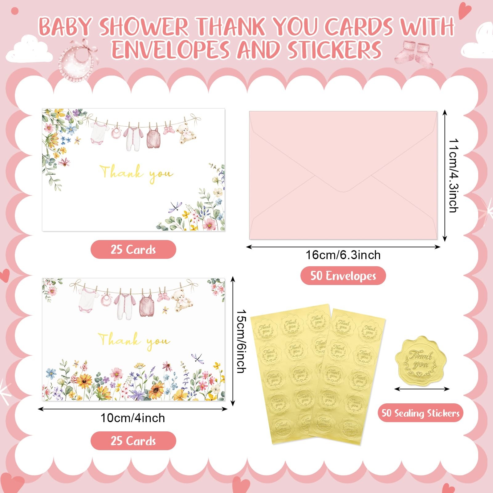 Thboxes 50 Pack Pink Baby Shower Thank You Cards with 6 x 4 inches,