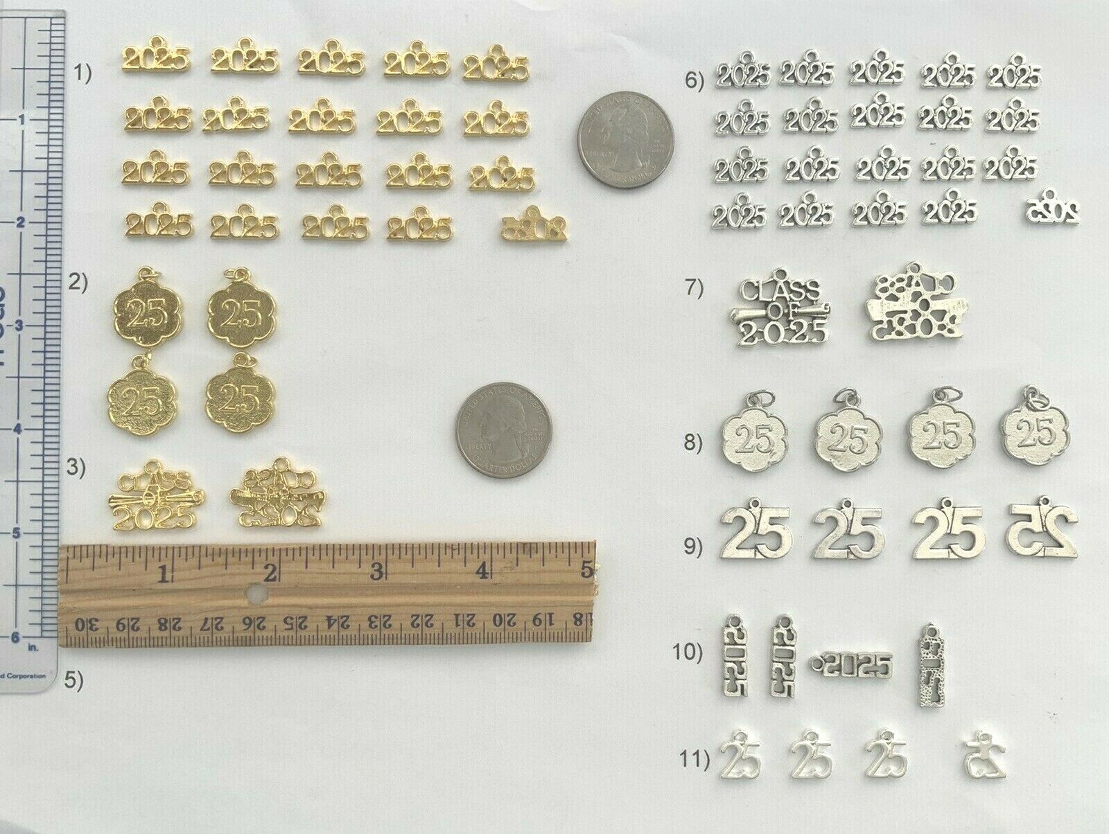 2025 YEAR OR 25 NUMBER CHARMS, GOLD OR SILVER, ANNIVERSARY GRADUATION BIRTHDAY