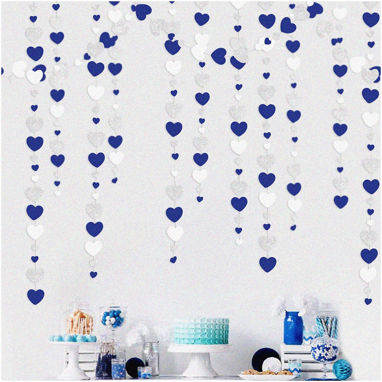 Navy Blue Silver Heart Garlands 52ft for Events