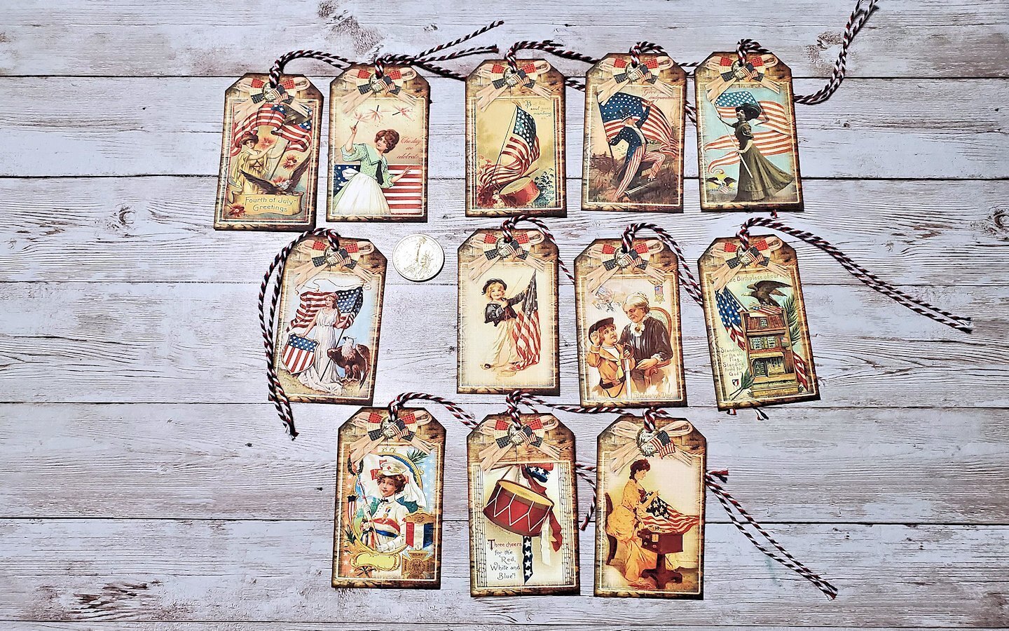 12~Vintage~July 4th~Patriotic~Farmhouse Theme~Linen Cardstock~Gift~Hang~Tags