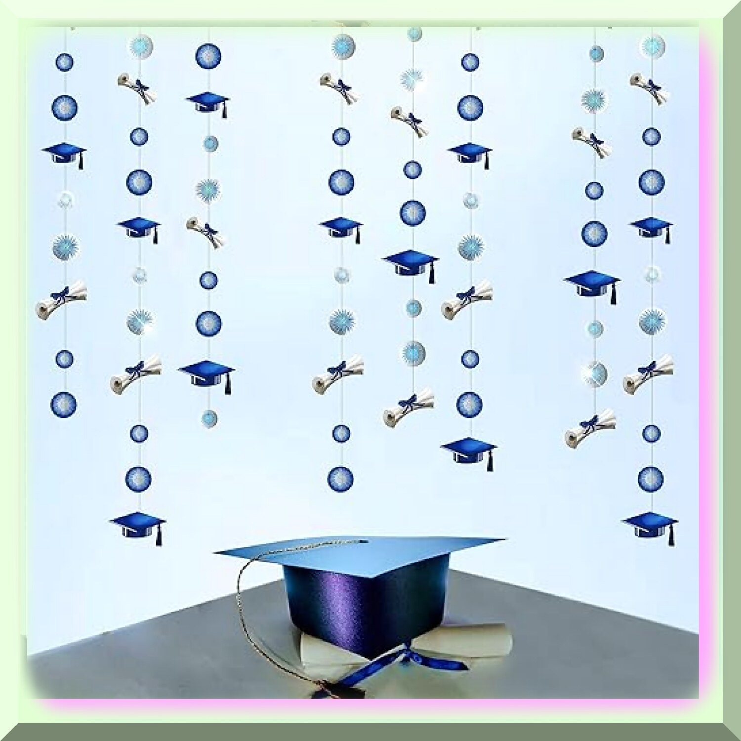 Blue Graduation Garland Set with Caps Diplomas and Fireworks