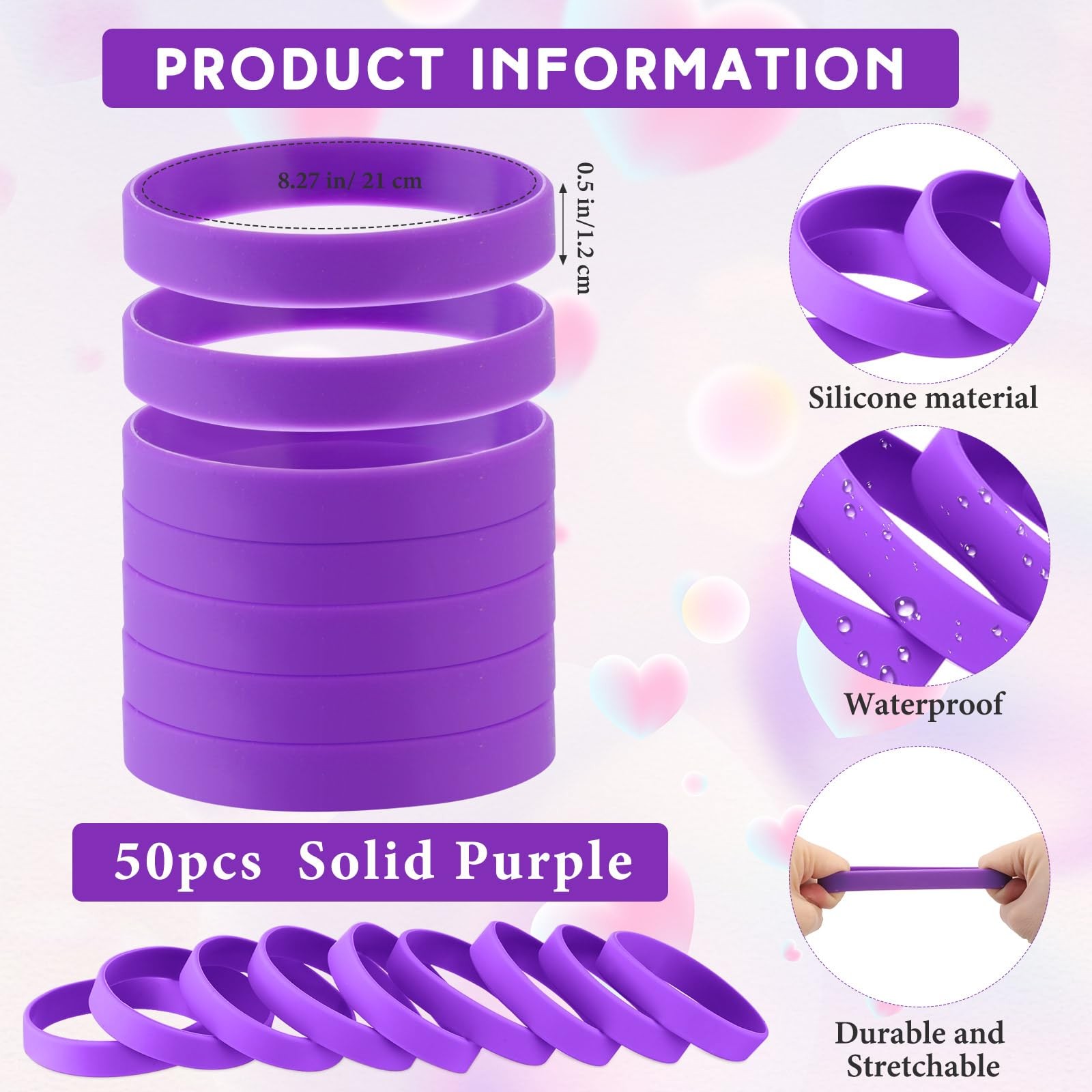 50 Pcs Plain Silicone Rubber Bracelets Elastic Rubber Wristbands Blank Colored B